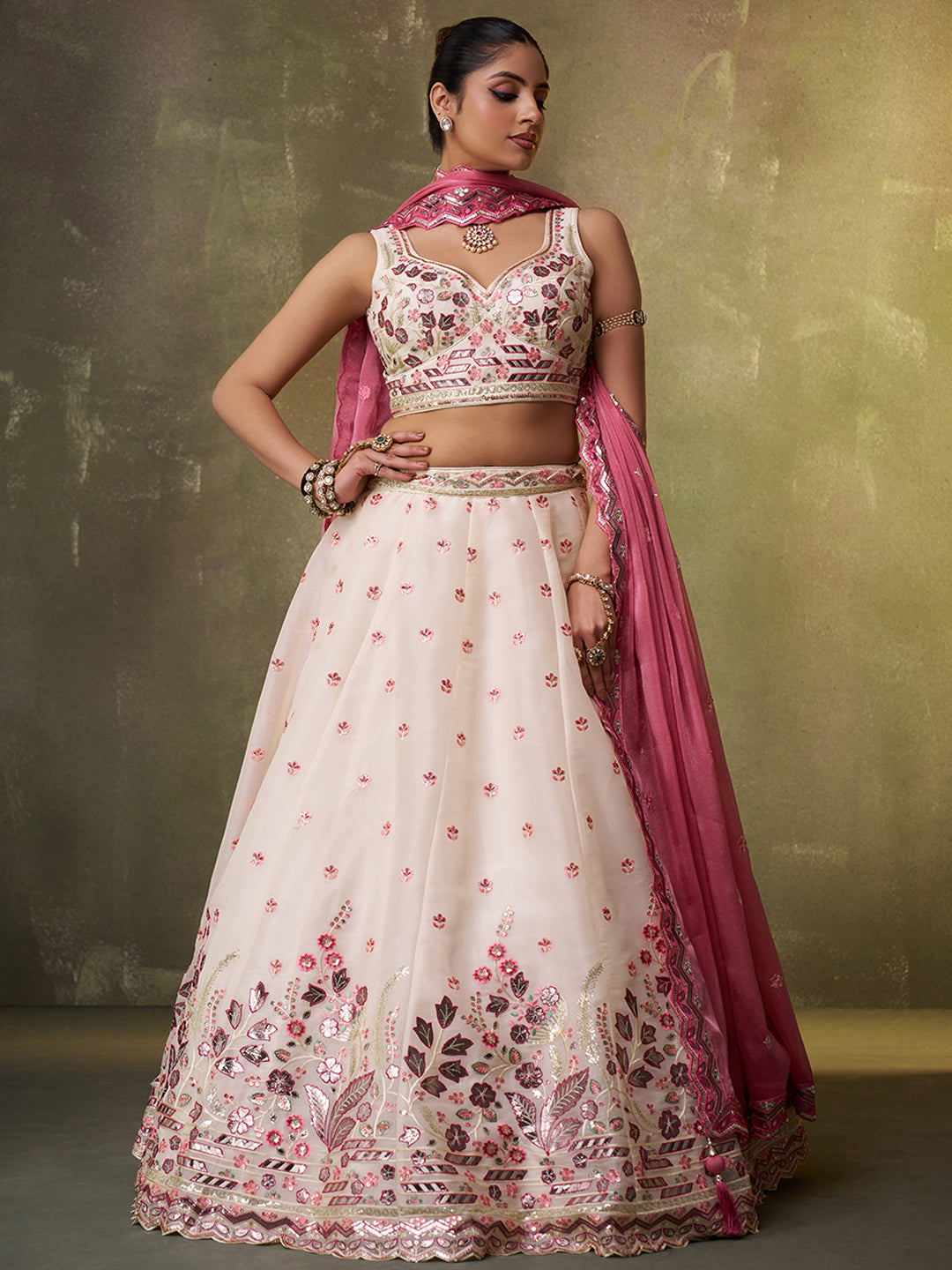 CREAM - Organza Fabric Sequins & Embroidery Lehenga & Unstitched Blouse With Dupatta