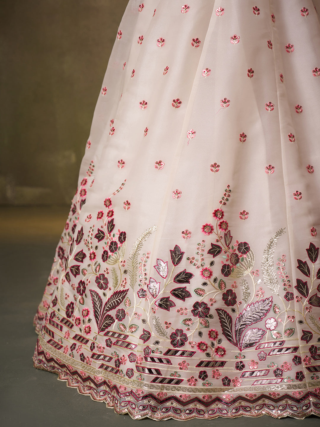 CREAM - Organza Fabric Sequins & Embroidery Lehenga & Unstitched Blouse With Dupatta