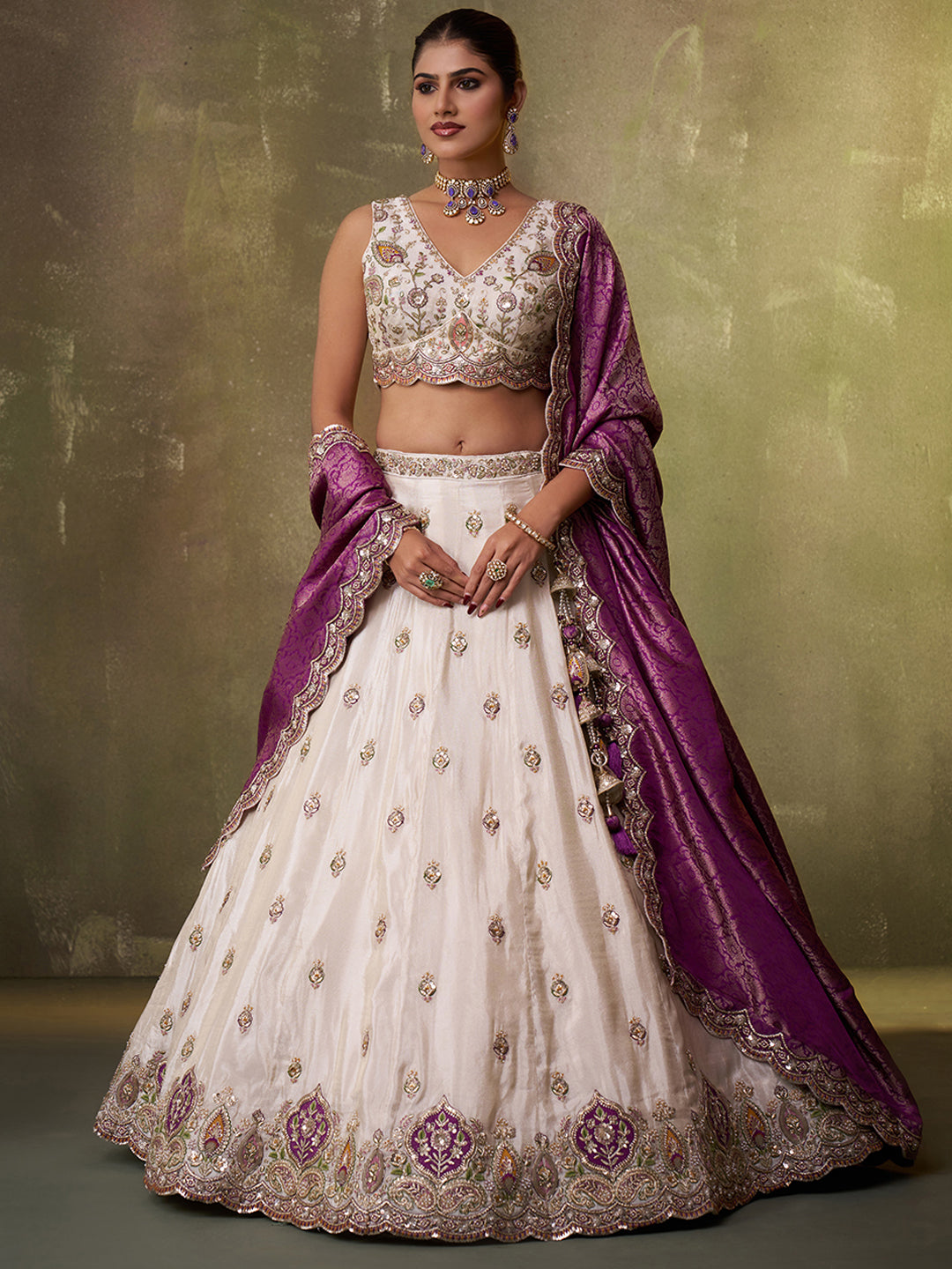 PURPLE - Tissue Fabric Sequins Thread & Embroidery Lehenga & Unstitched Blouse With Dupatta
