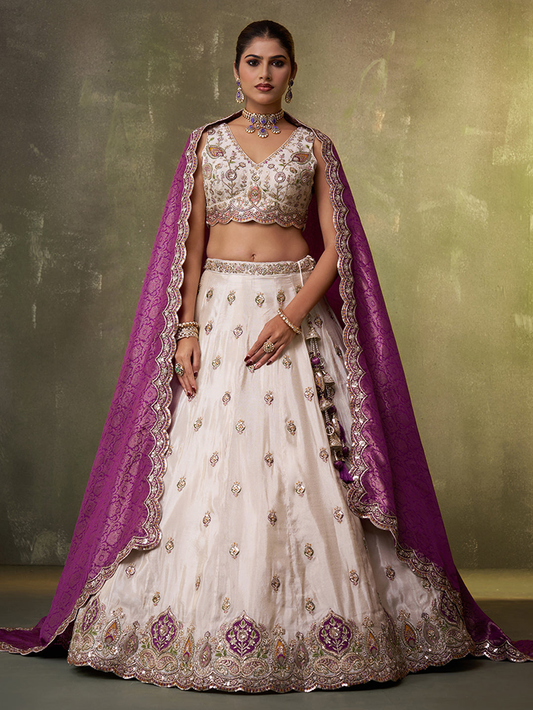 PURPLE - Tissue Fabric Sequins Thread & Embroidery Lehenga & Unstitched Blouse With Dupatta