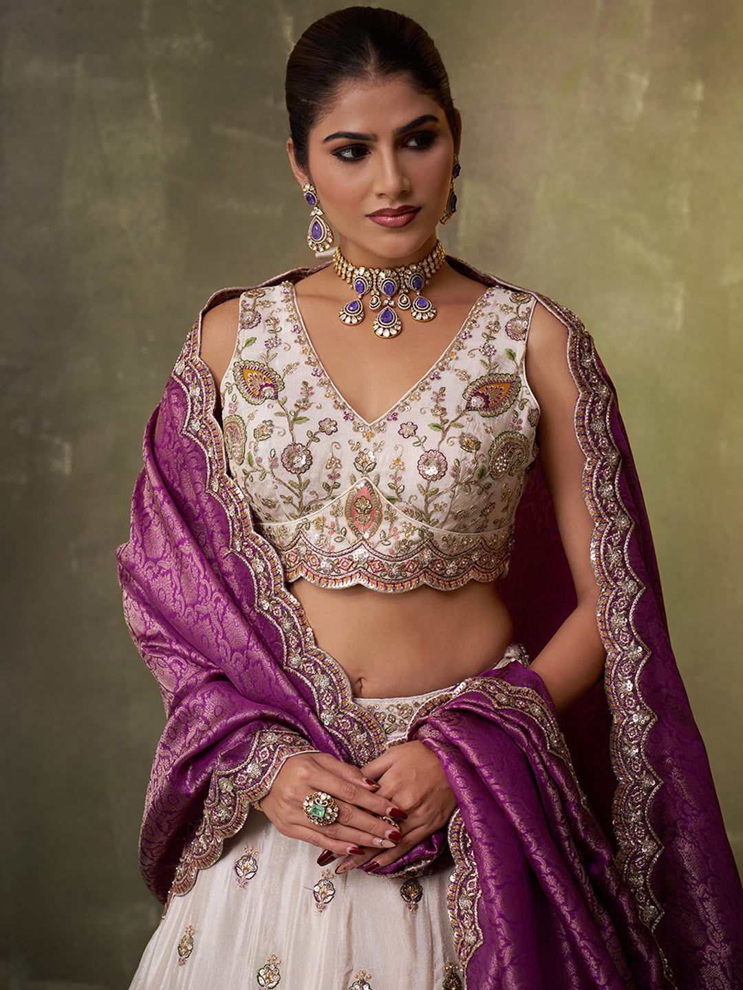 PURPLE - Tissue Fabric Sequins Thread & Embroidery Lehenga & Unstitched Blouse With Dupatta