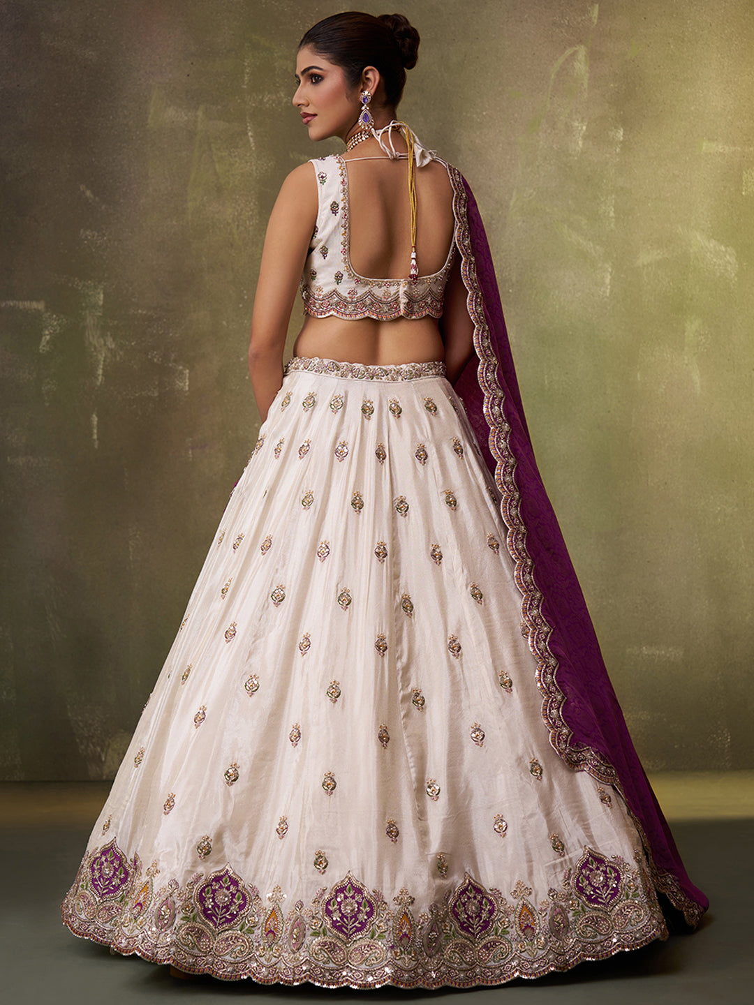 PURPLE - Tissue Fabric Sequins Thread & Embroidery Lehenga & Unstitched Blouse With Dupatta