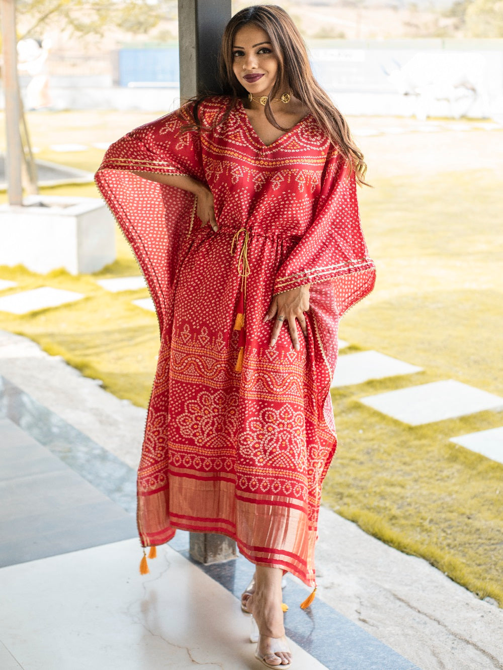 Red Color Digital Bandhej Print Pure Gaji Silk Kaftan - qivii