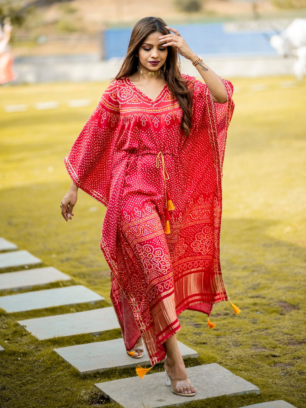 Red Color Digital Bandhej Print Pure Gaji Silk Kaftan - qivii