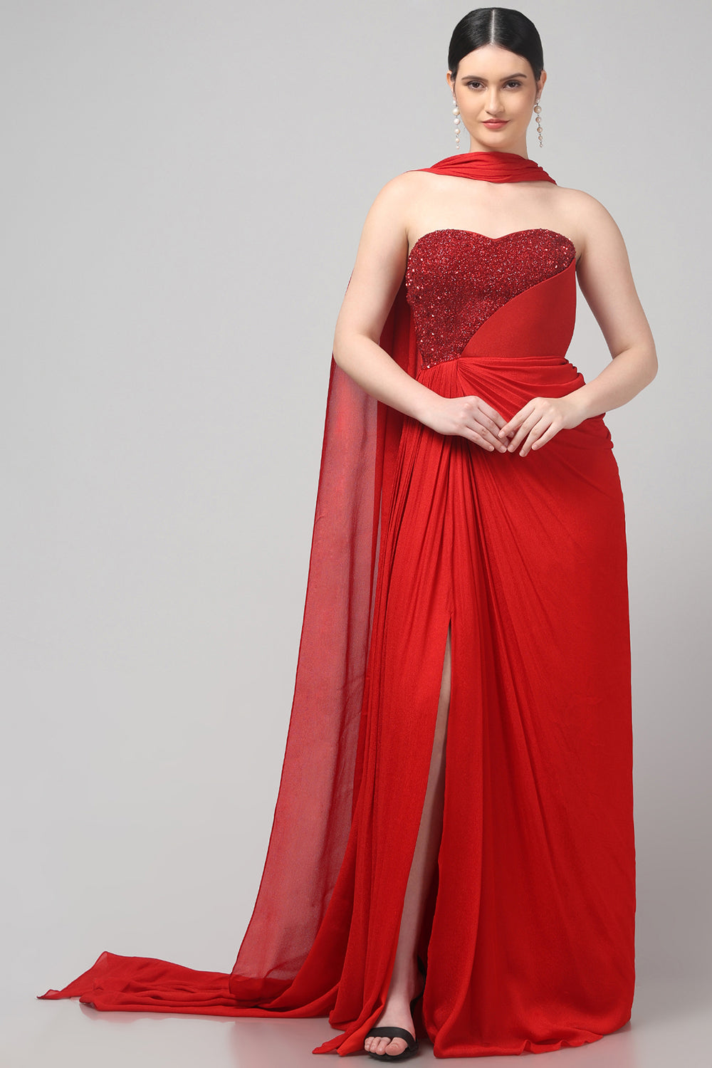 Red Embellished Strapless Saree Gown with Drape Detail