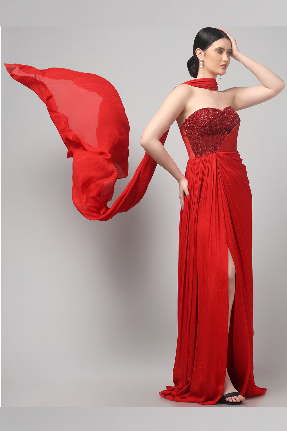Red Embellished Strapless Saree Gown with Drape Detail
