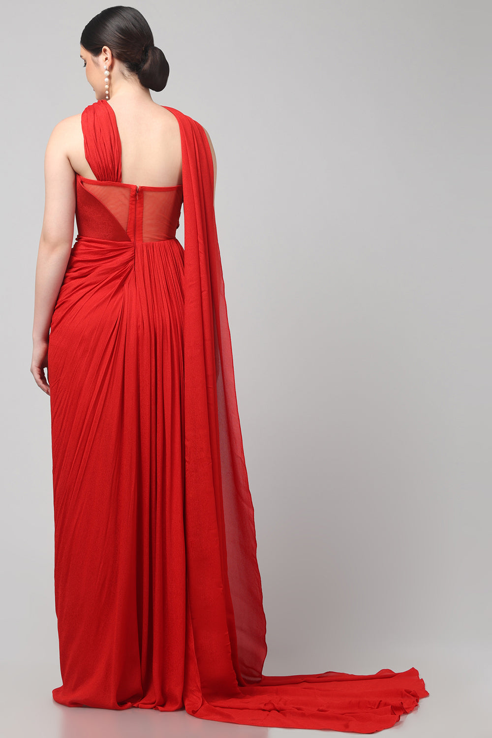 Red Embellished Strapless Saree Gown with Drape Detail