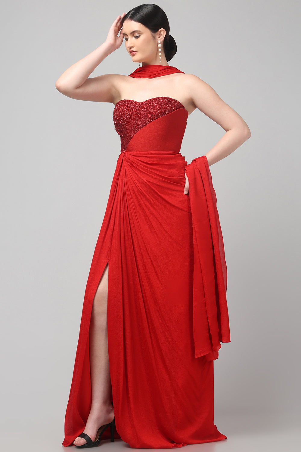 Red Embellished Strapless Saree Gown with Drape Detail