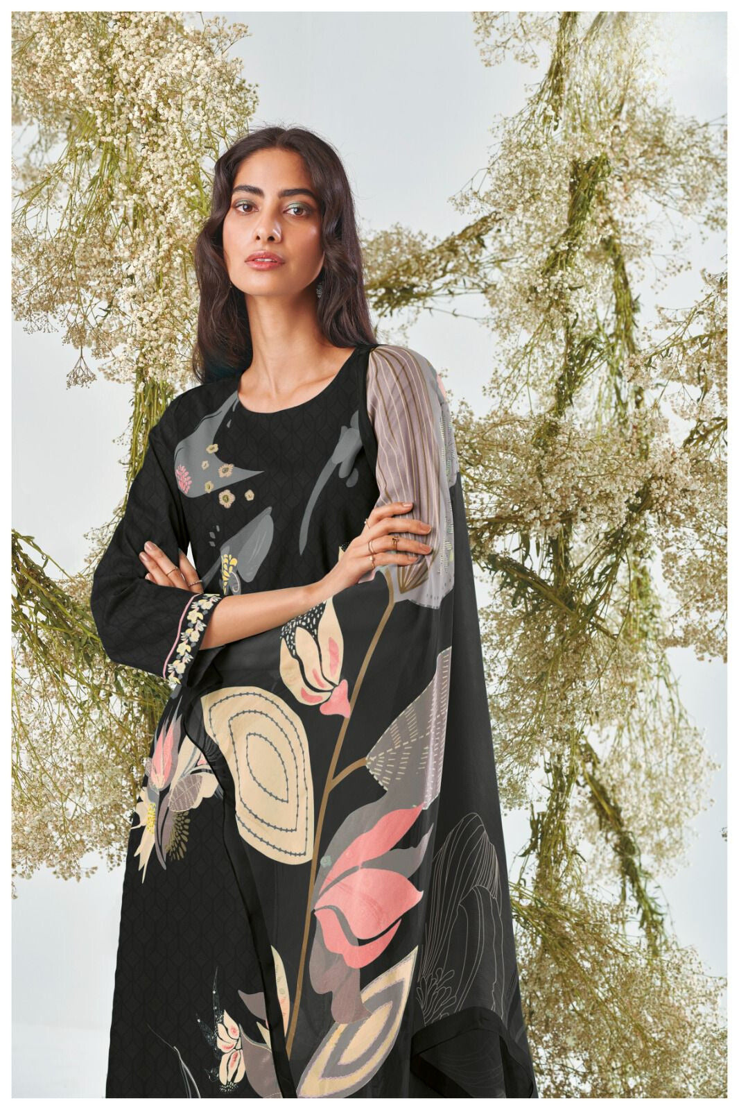 BLACK AND GRAY PREMIUM COTTON PRINTED WITH HAND WORK SALWAR SUIT