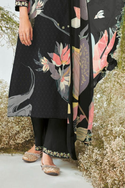 BLACK AND GRAY PREMIUM COTTON PRINTED WITH HAND WORK SALWAR SUIT