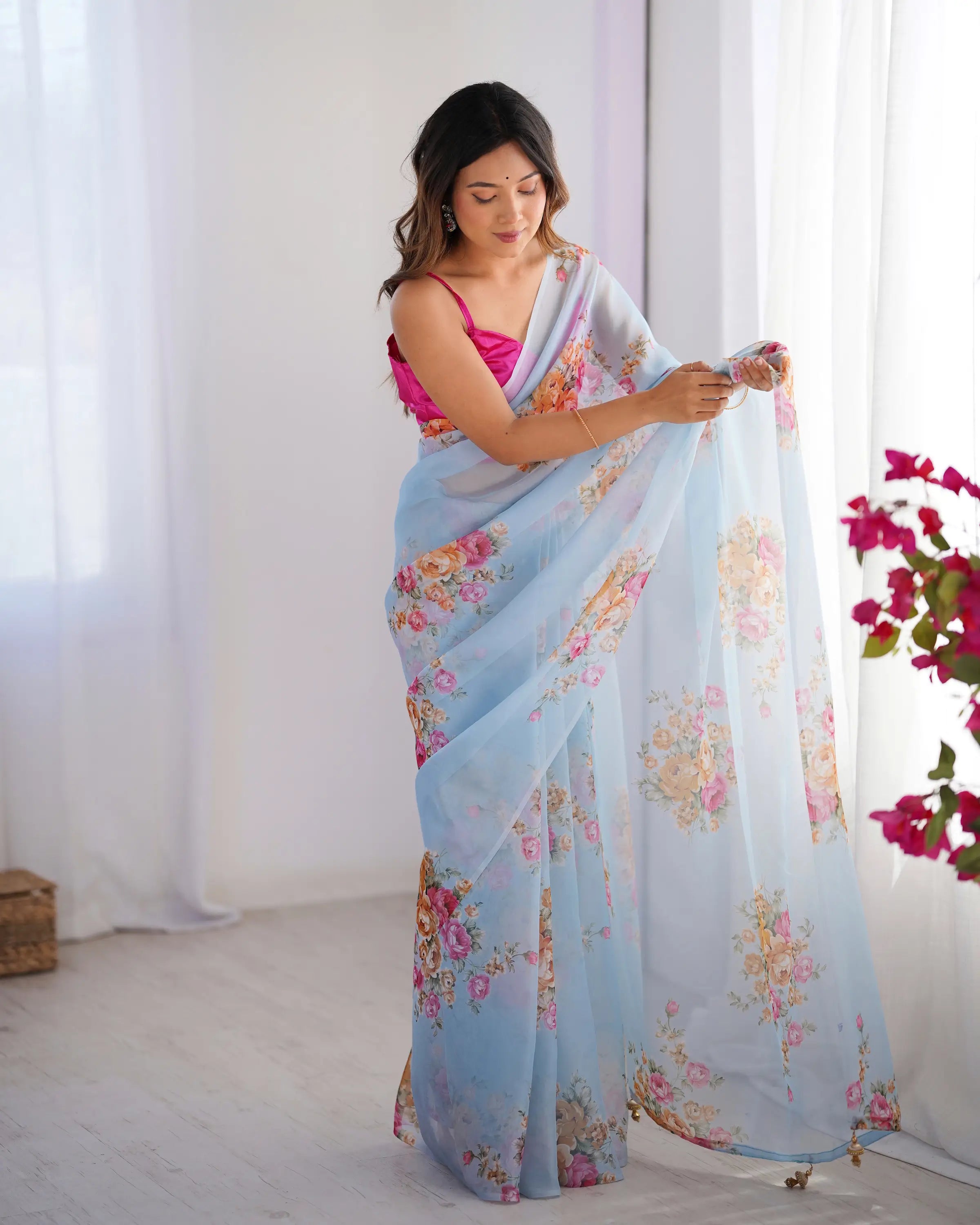 Sky Blue Floral Printed Organza Saree - qivii