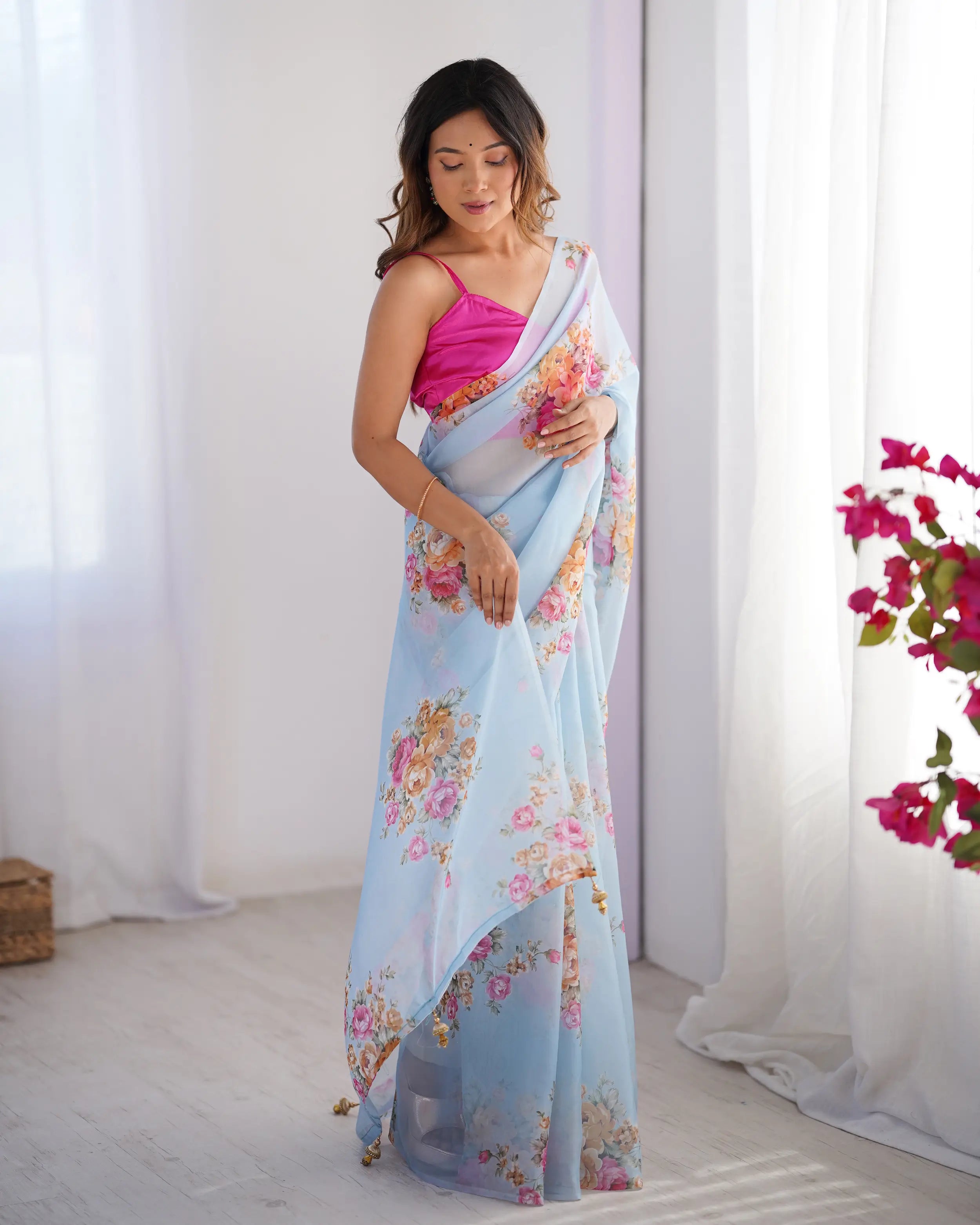 Sky Blue Floral Printed Organza Saree - qivii