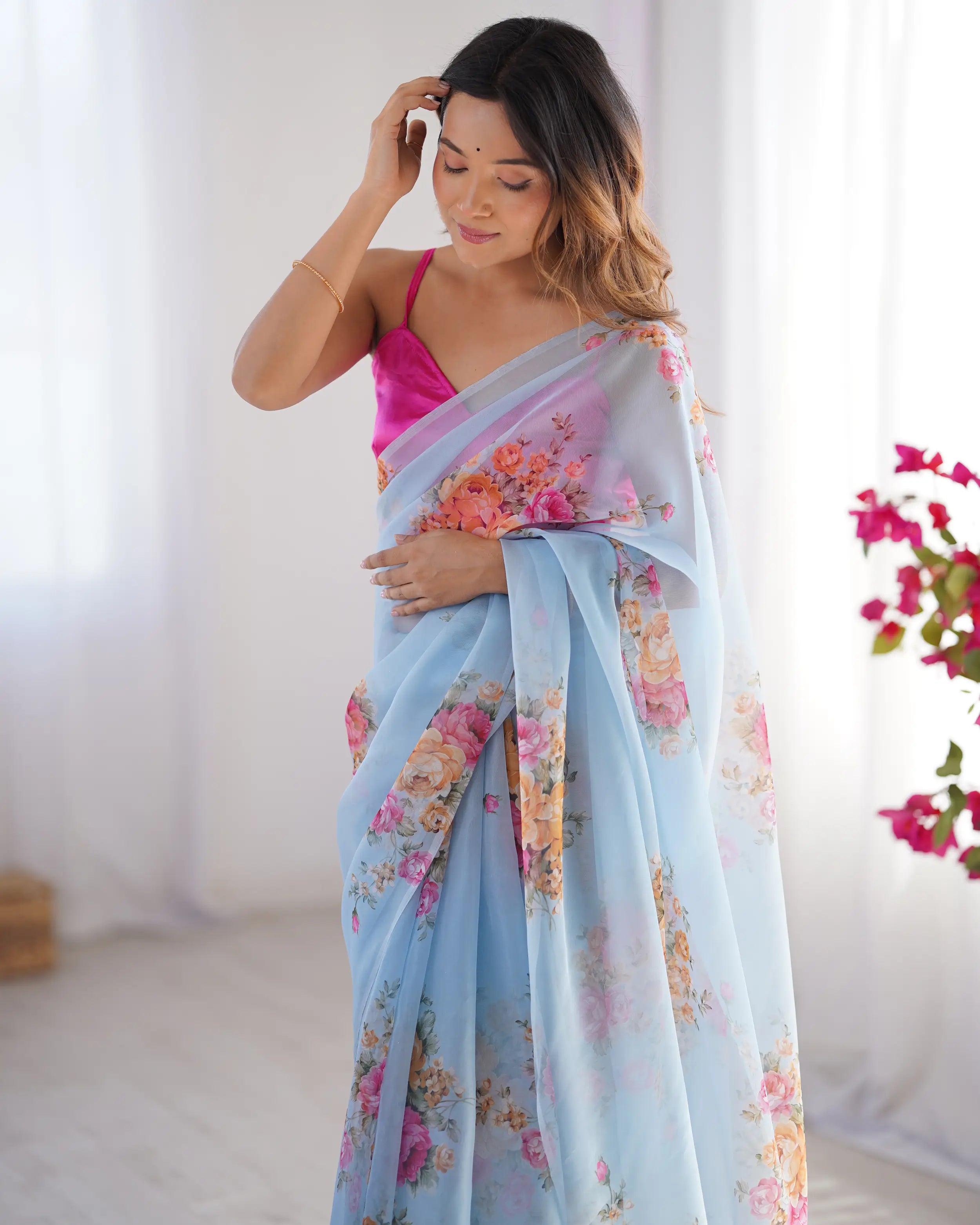 Sky Blue Floral Printed Organza Saree - qivii