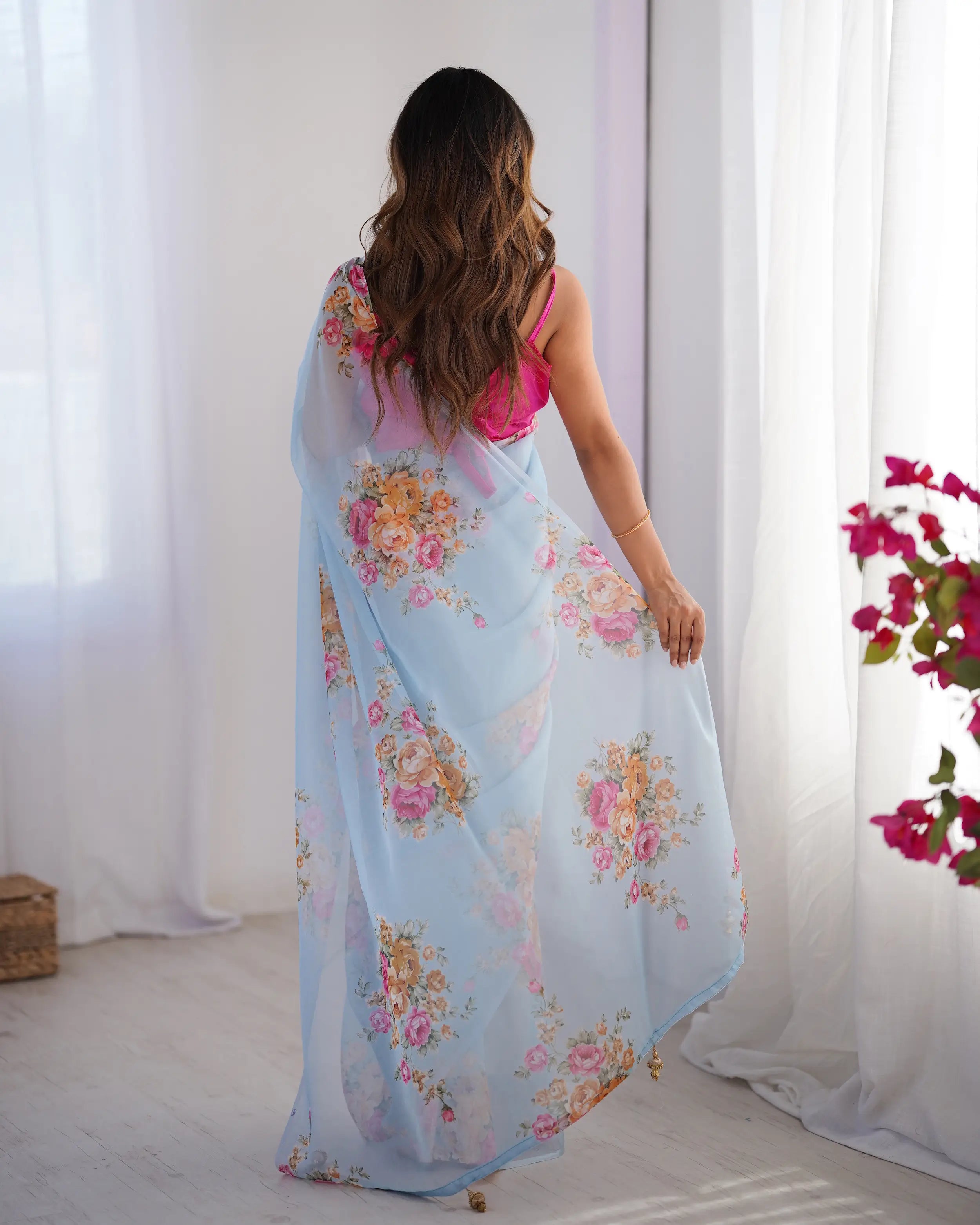 Sky Blue Floral Printed Organza Saree - qivii