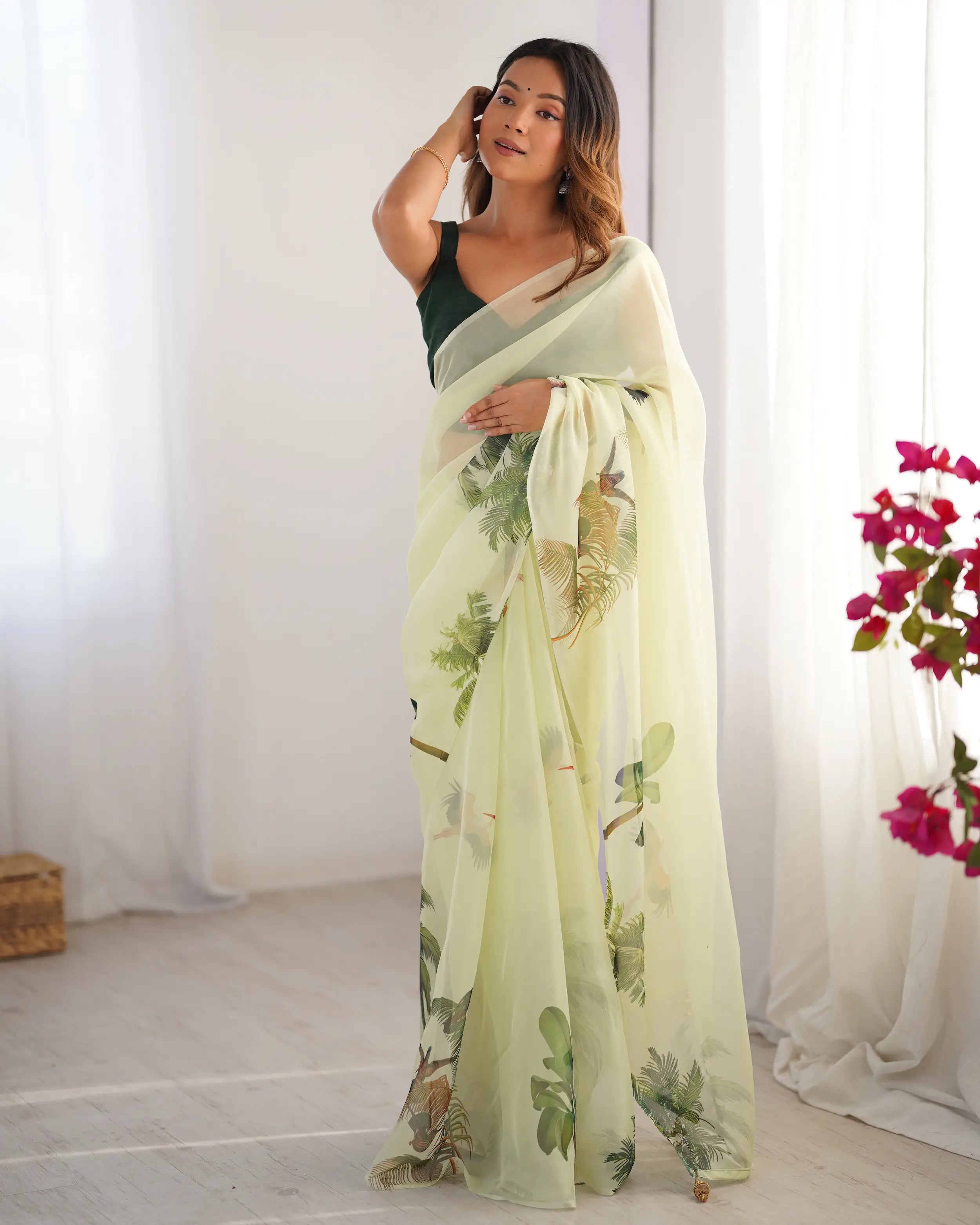 Pastel Green Digital Printed Organza Saree - qivii