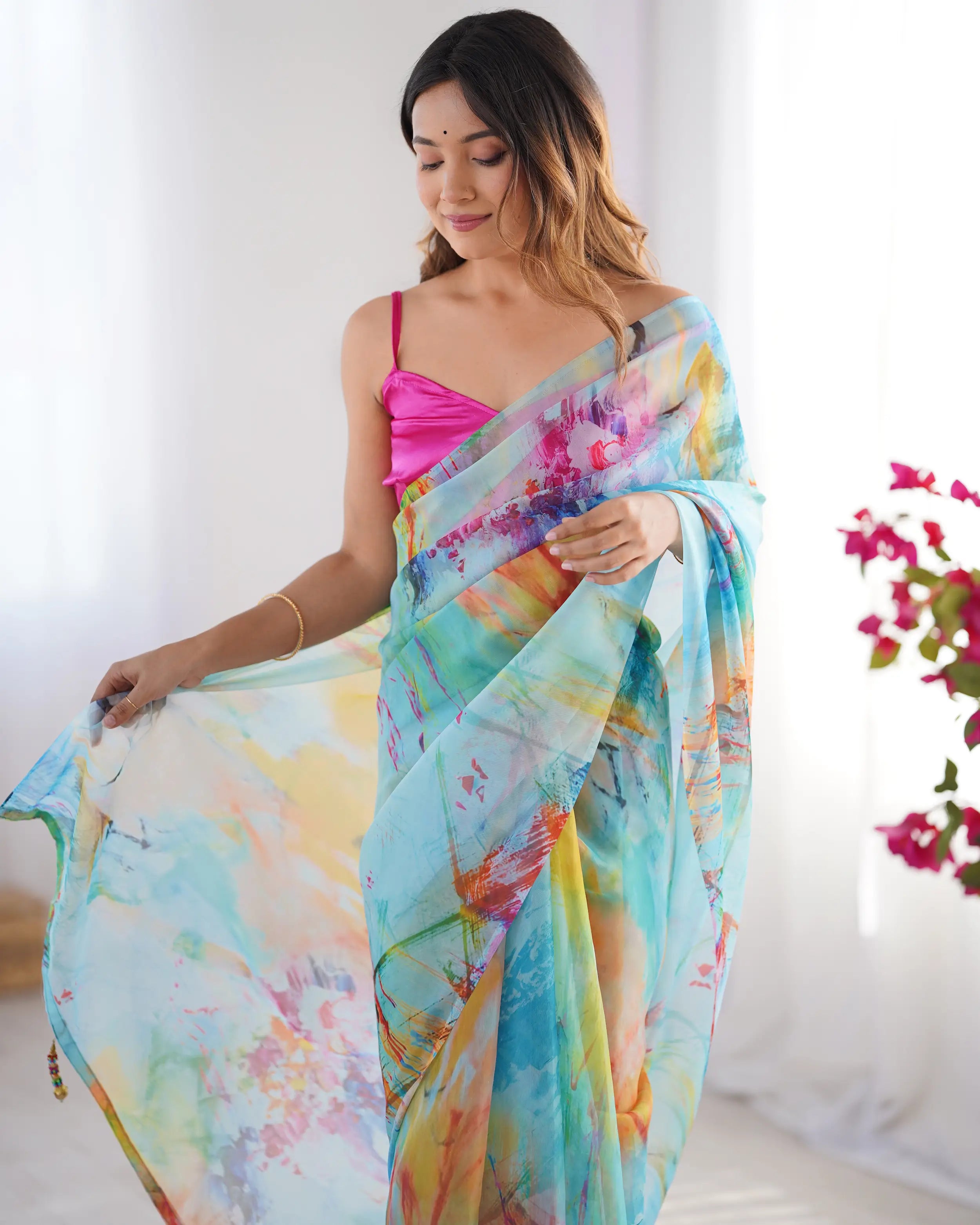Multicolor Digital Printed Organza Saree - qivii