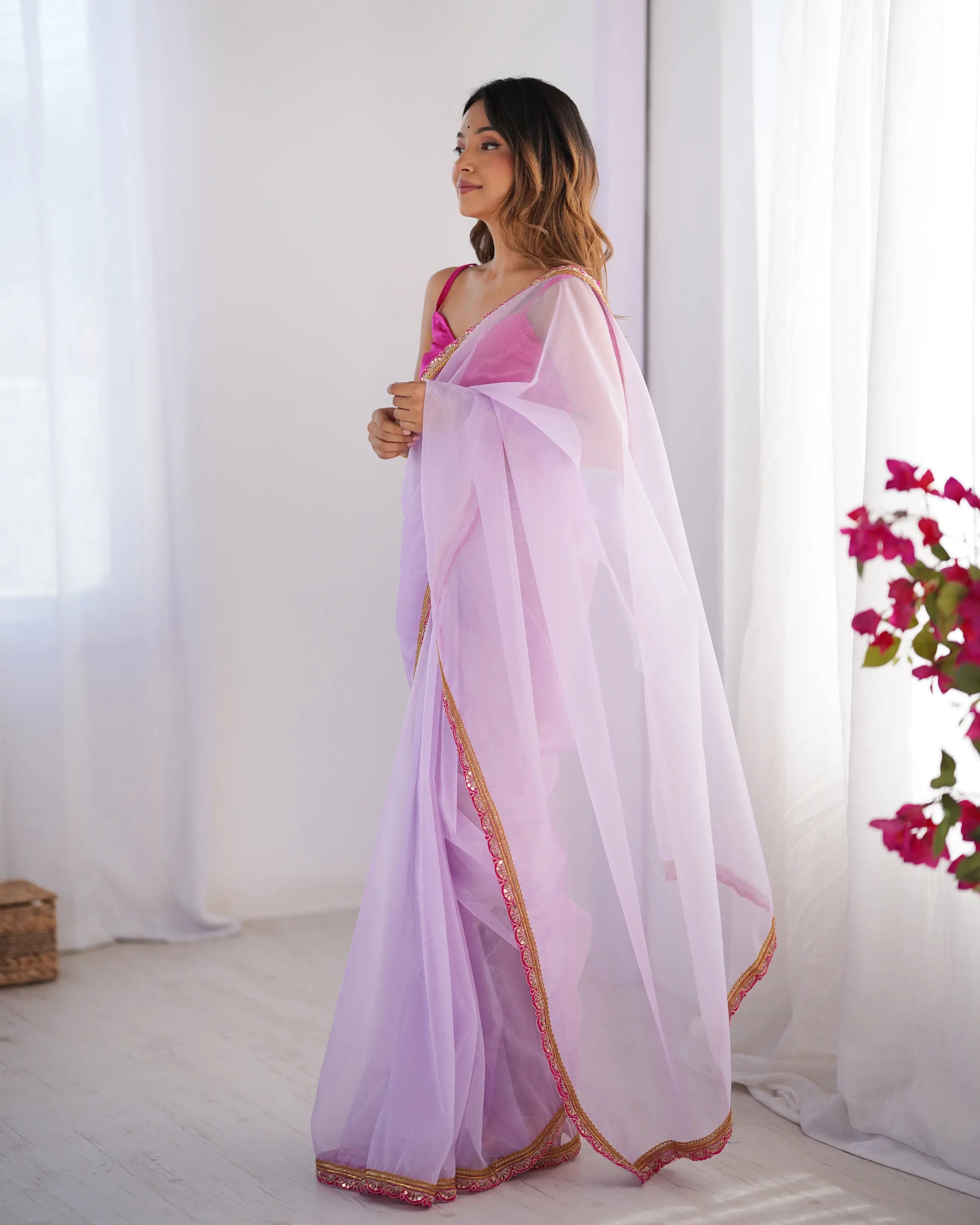 Lavender Twill Net Saree With Lace Border - qivii