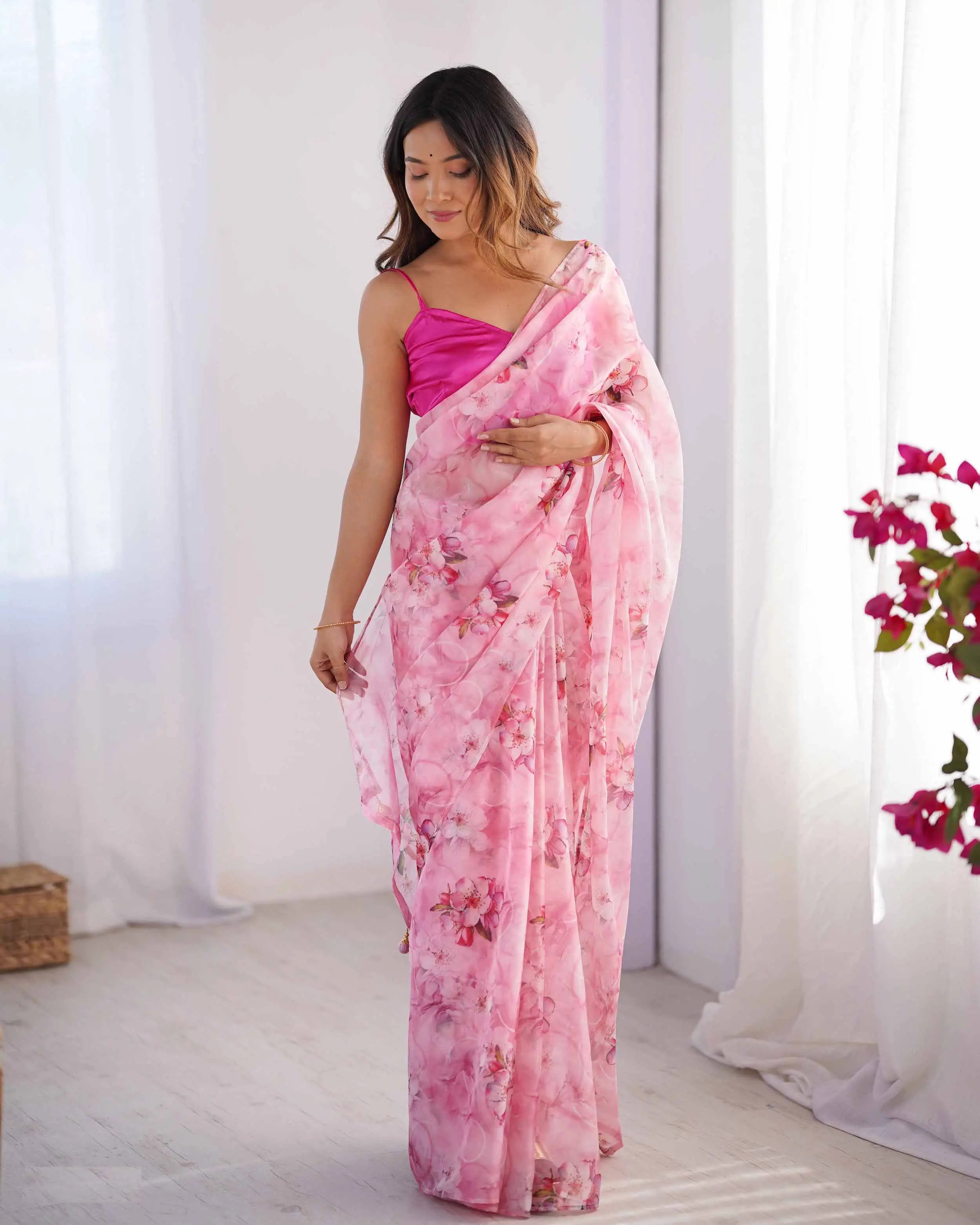 Rosy Pink Floral Printed Organza Saree - qivii
