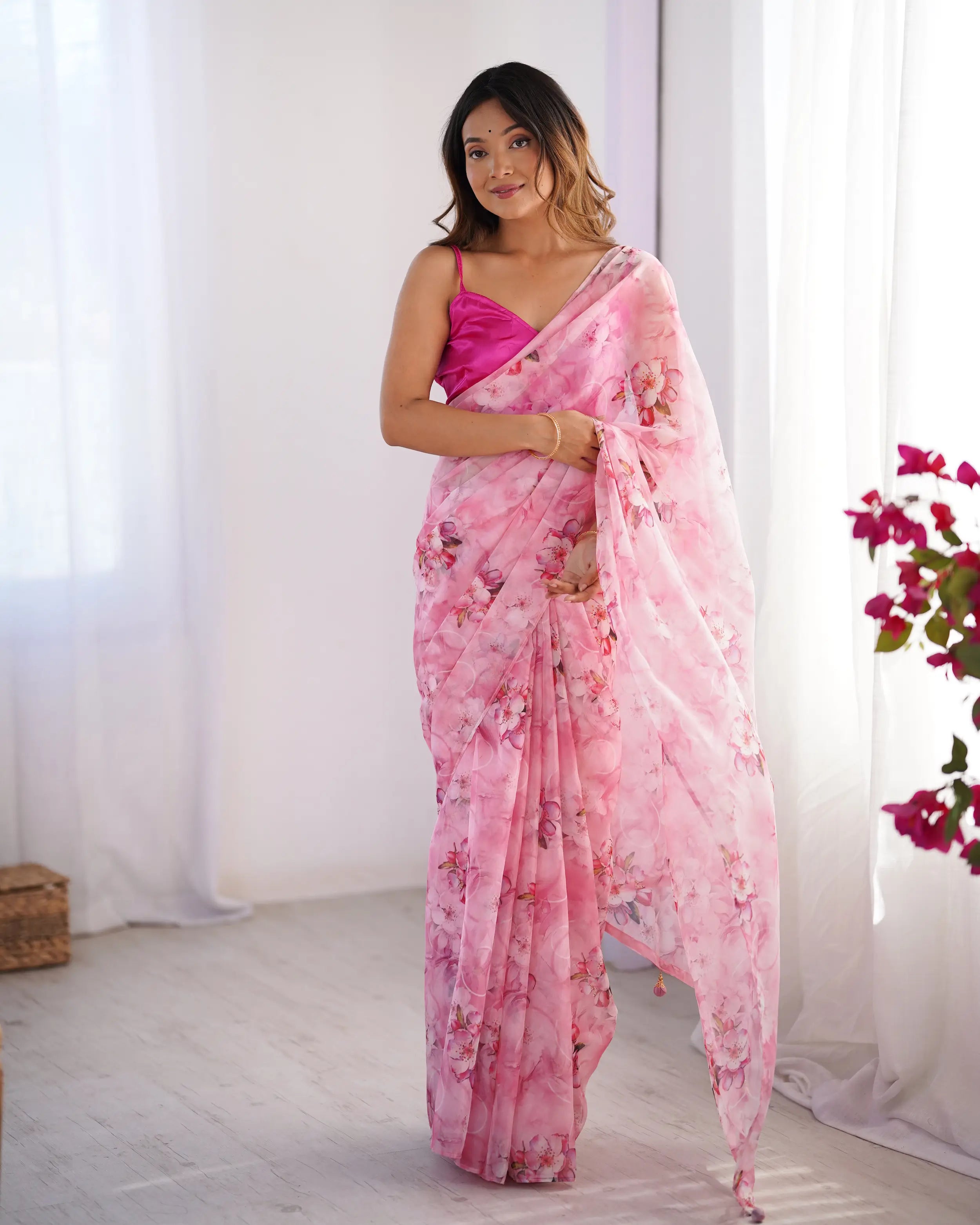 Rosy Pink Floral Printed Organza Saree - qivii