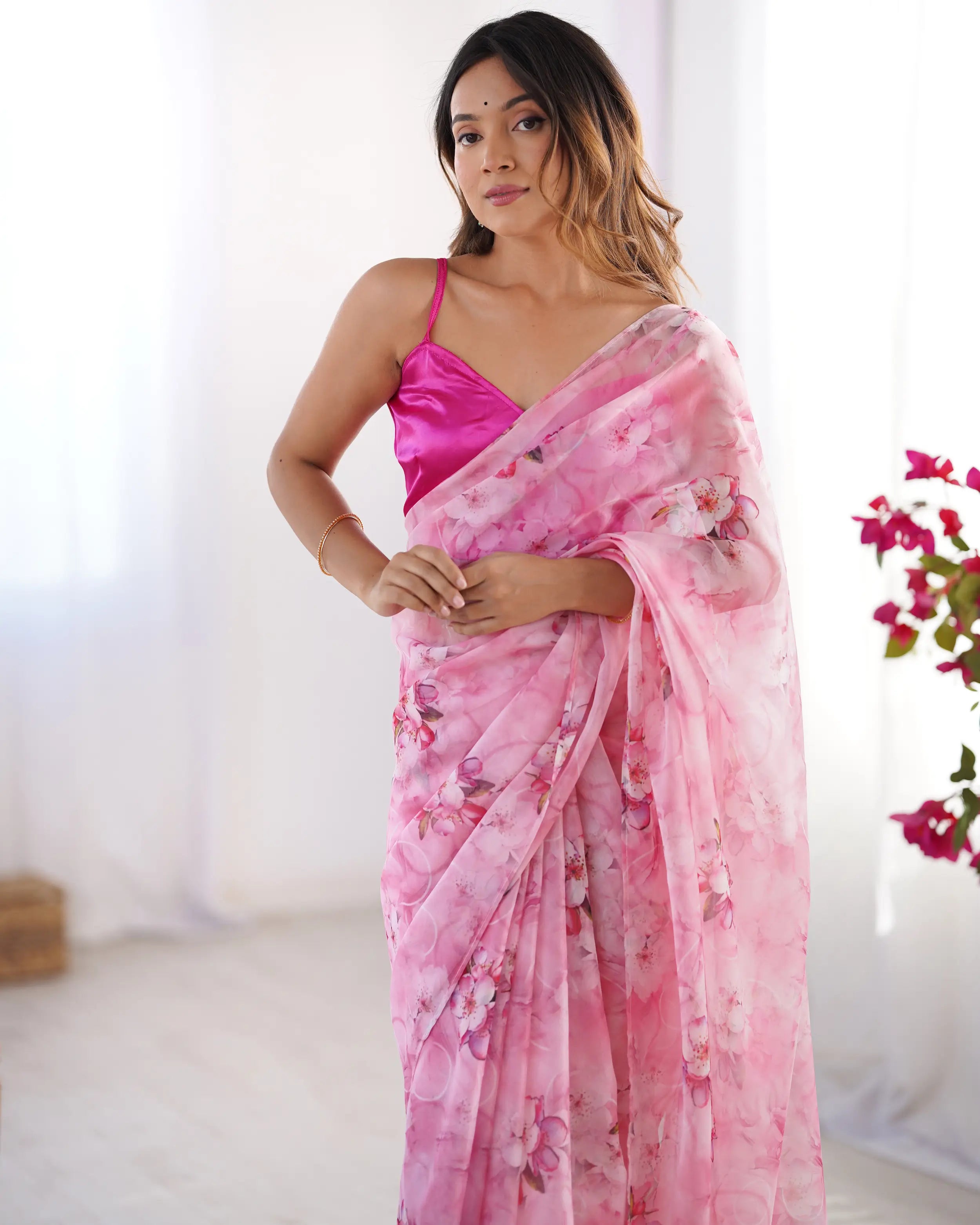 Rosy Pink Floral Printed Organza Saree - qivii