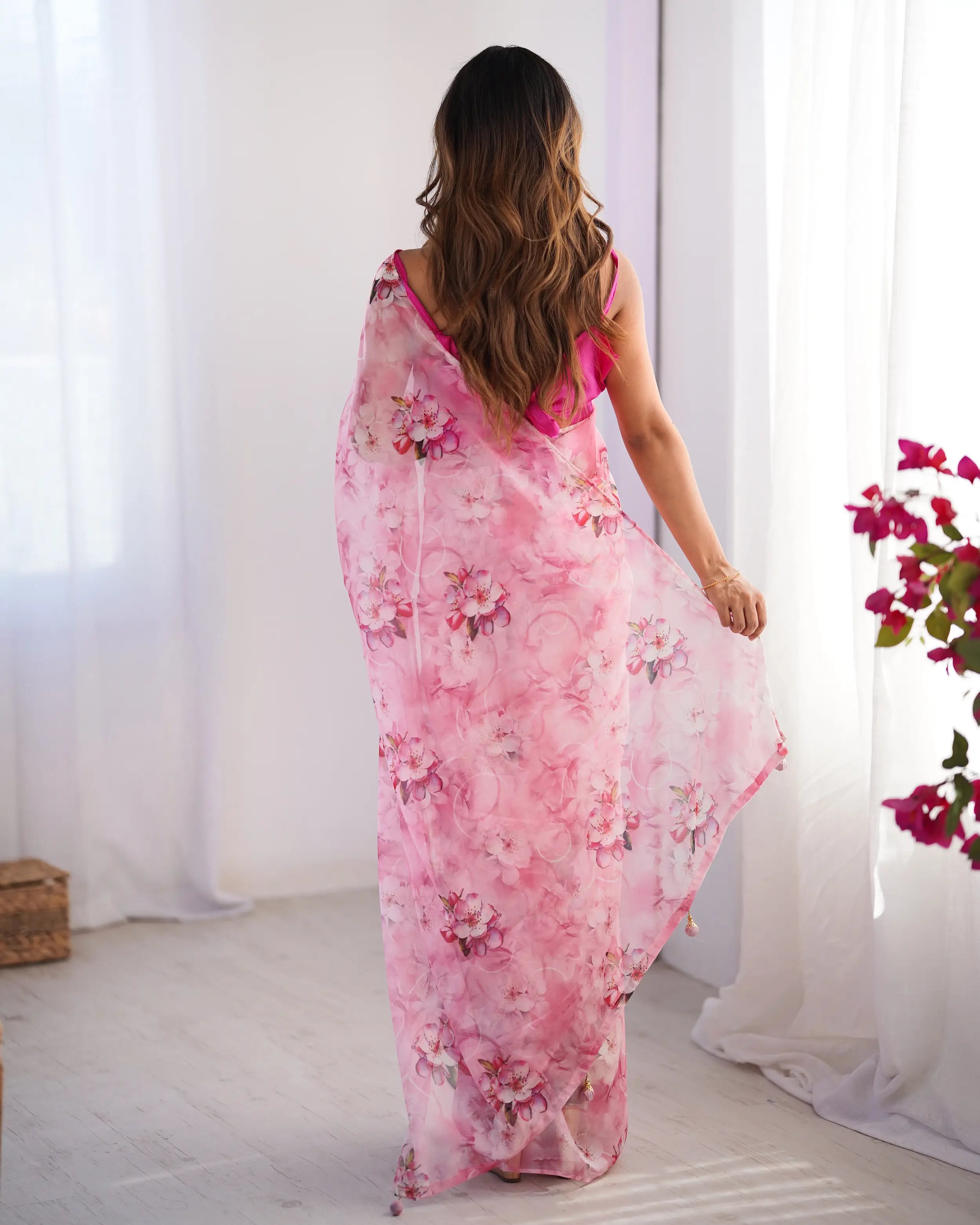 Rosy Pink Floral Printed Organza Saree - qivii