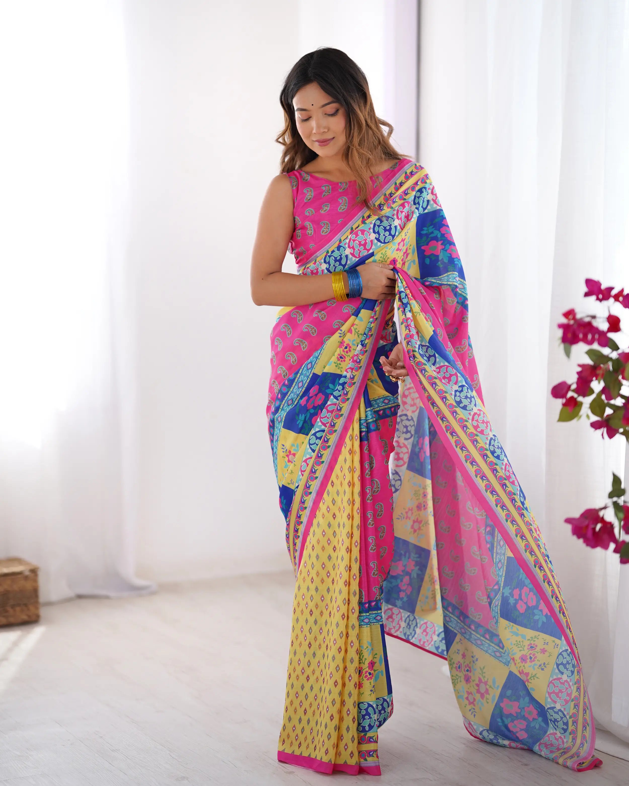 Yellow Multicolor Digital Printed Organza Saree - qivii