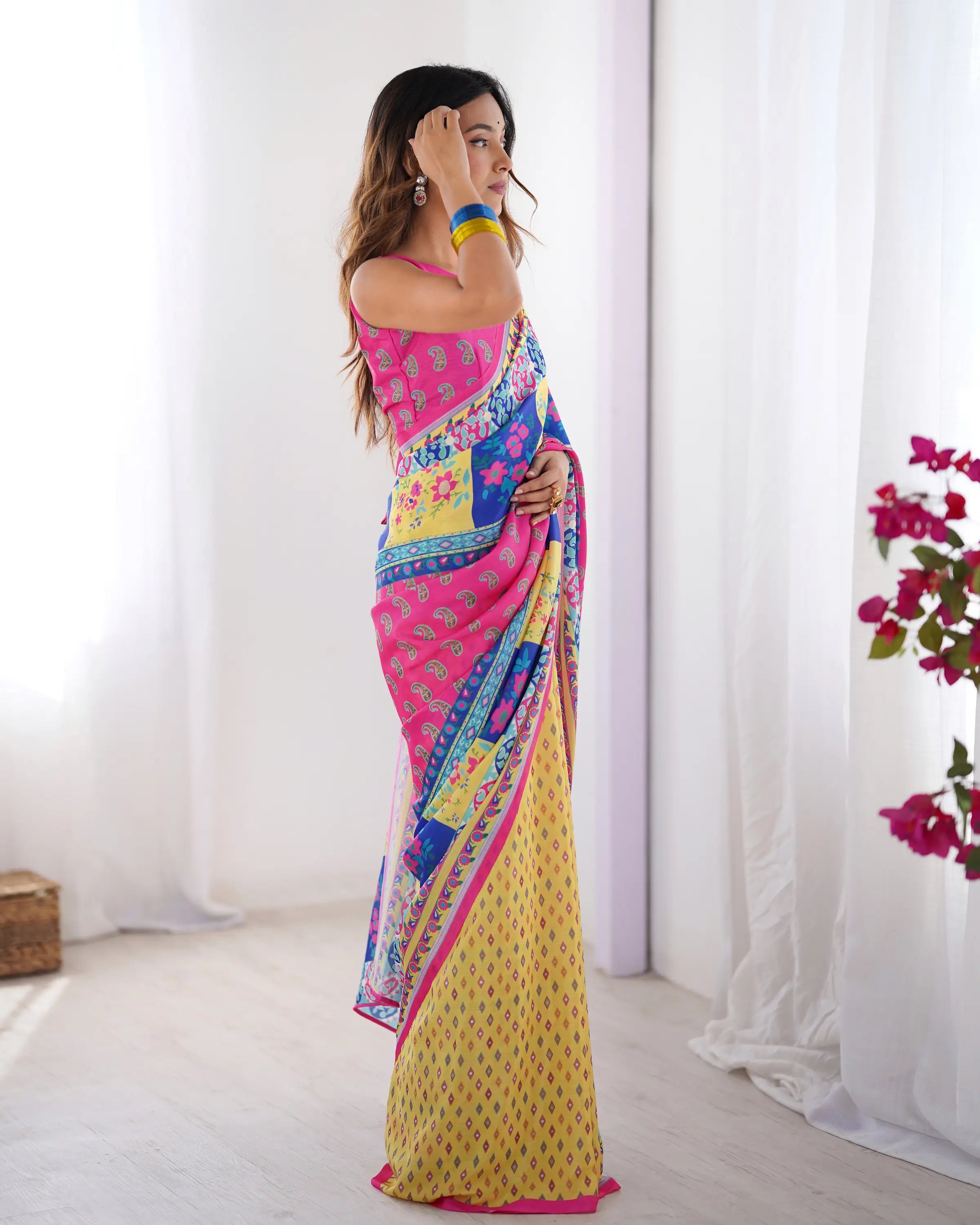 Yellow Multicolor Digital Printed Organza Saree - qivii