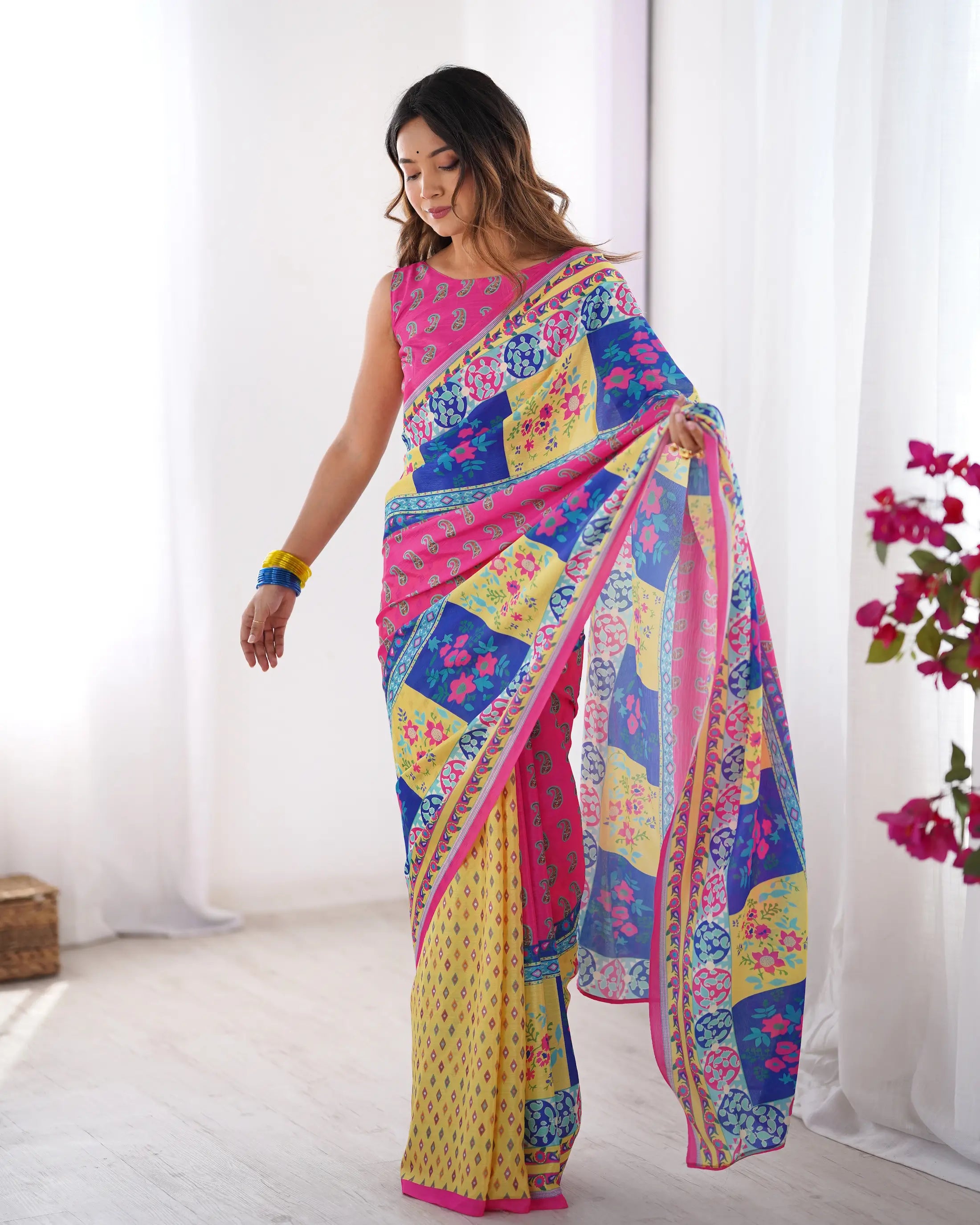 Yellow Multicolor Digital Printed Organza Saree - qivii