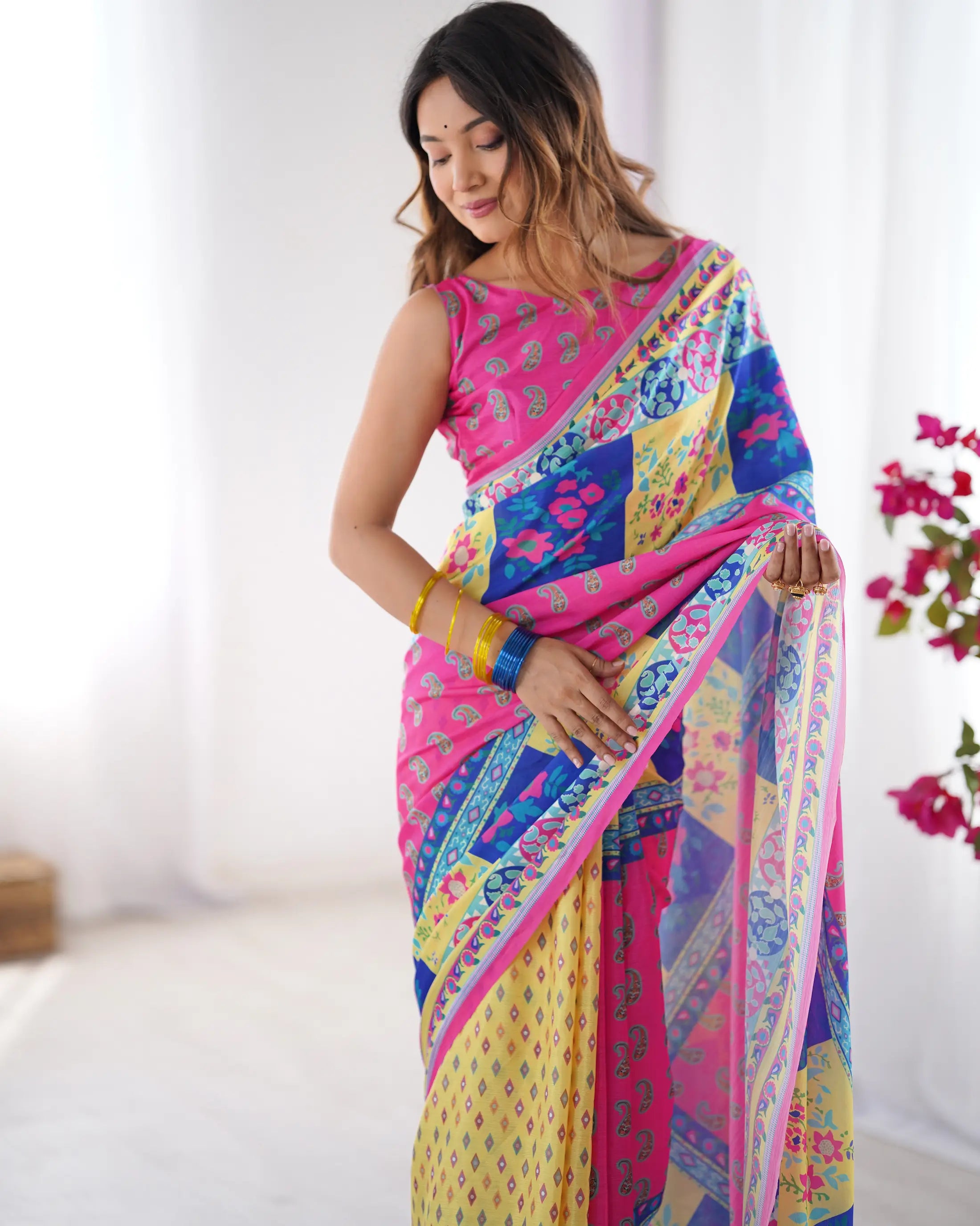 Yellow Multicolor Digital Printed Organza Saree - qivii