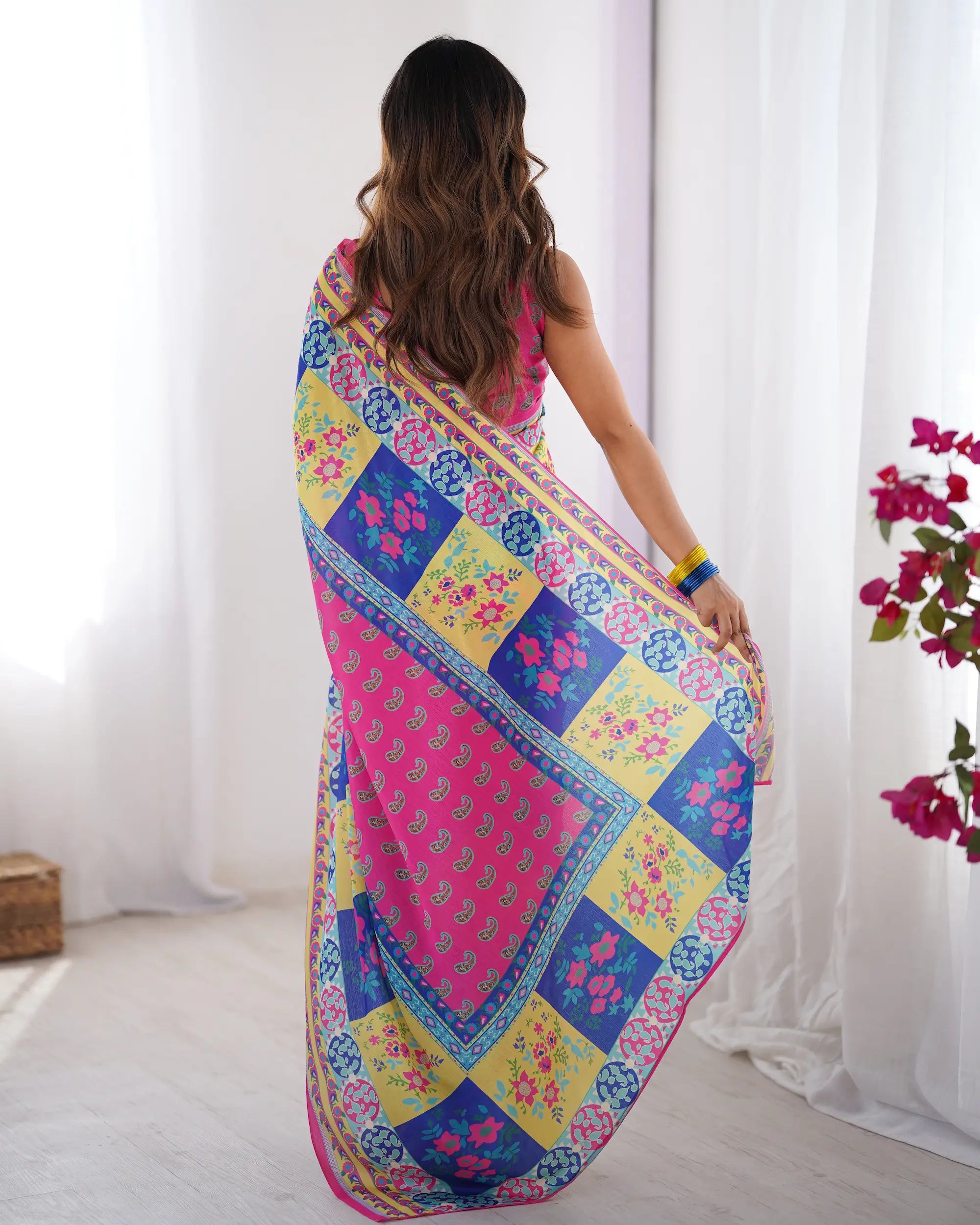 Yellow Multicolor Digital Printed Organza Saree