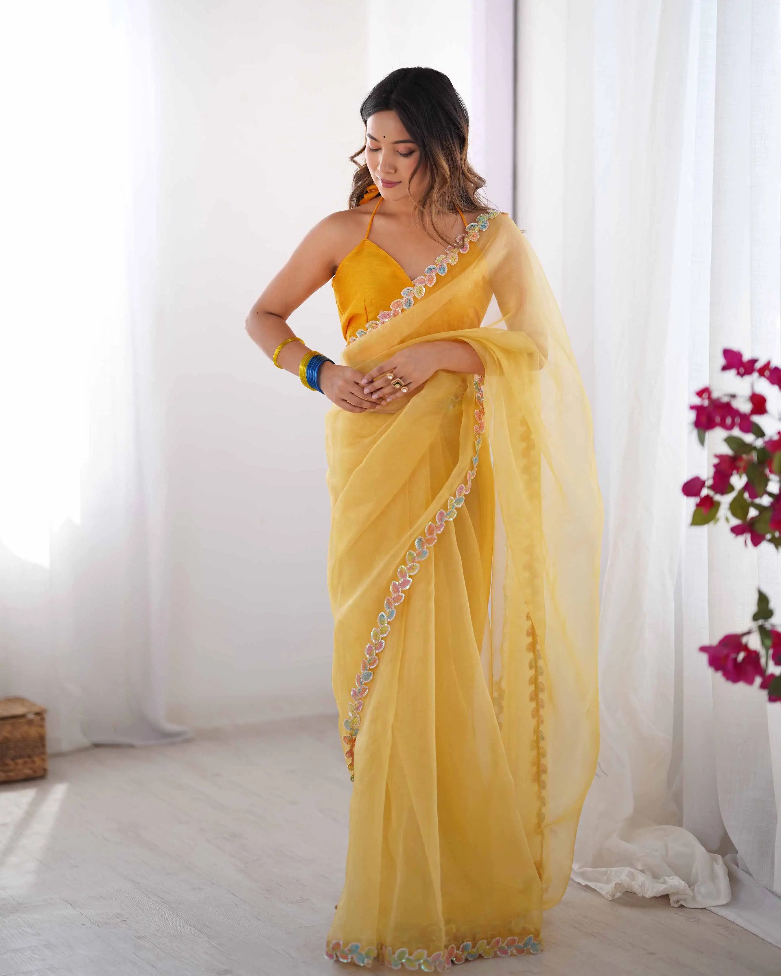 Golden Yellow Jimmy Choo Saree With Lace Border - qivii