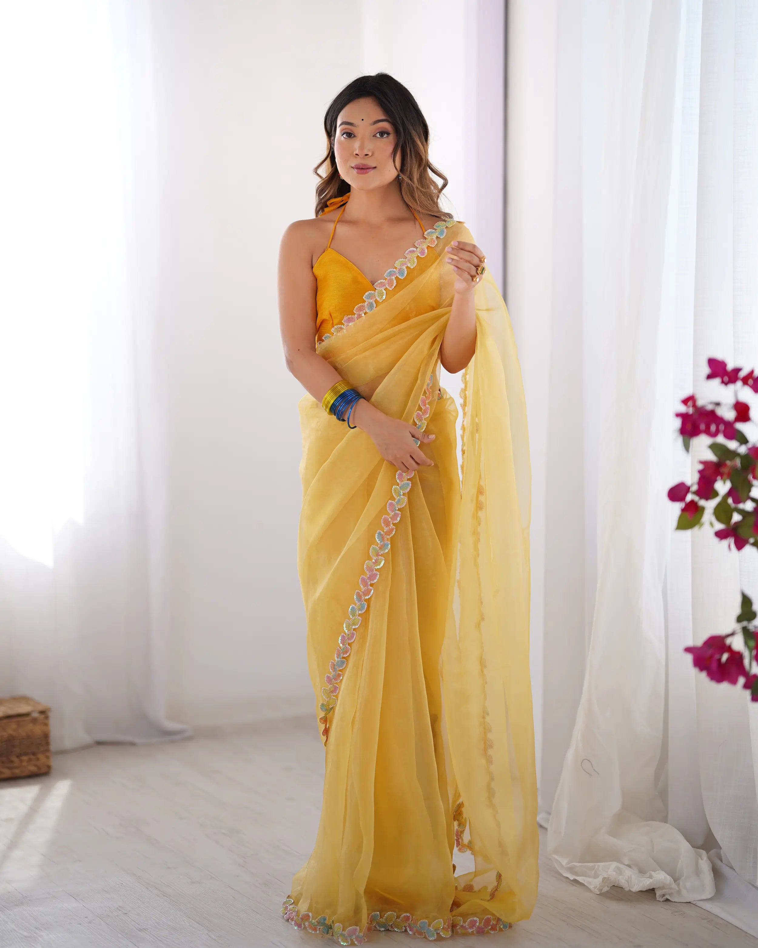 Golden Yellow Jimmy Choo Saree With Lace Border - qivii