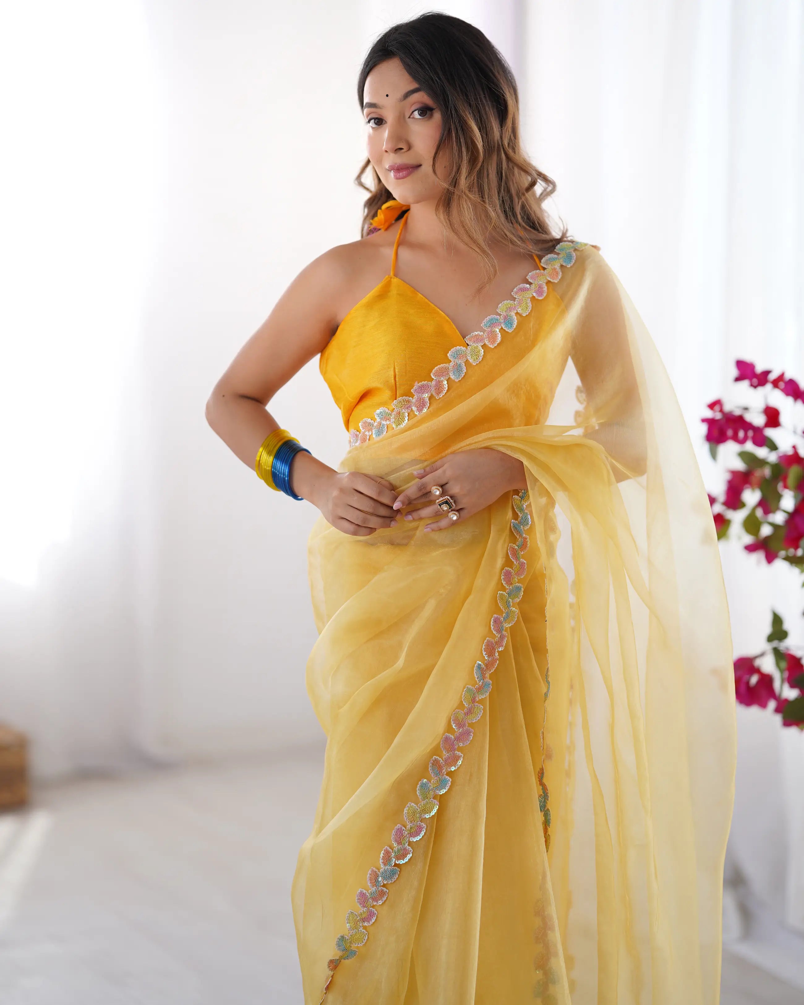 Golden Yellow Jimmy Choo Saree With Lace Border - qivii