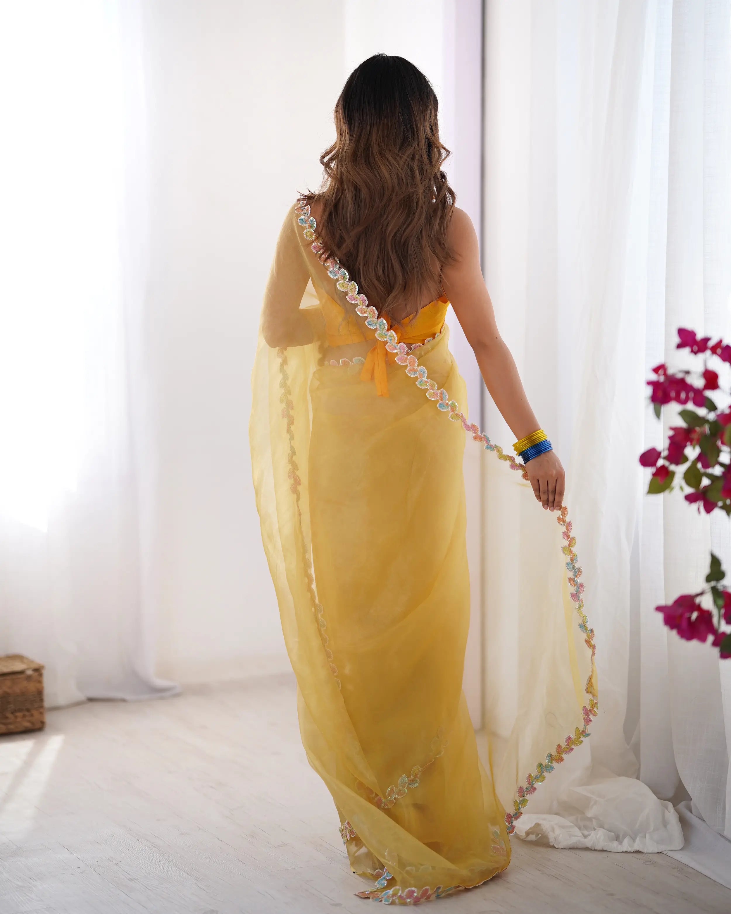 Golden Yellow Jimmy Choo Saree With Lace Border - qivii