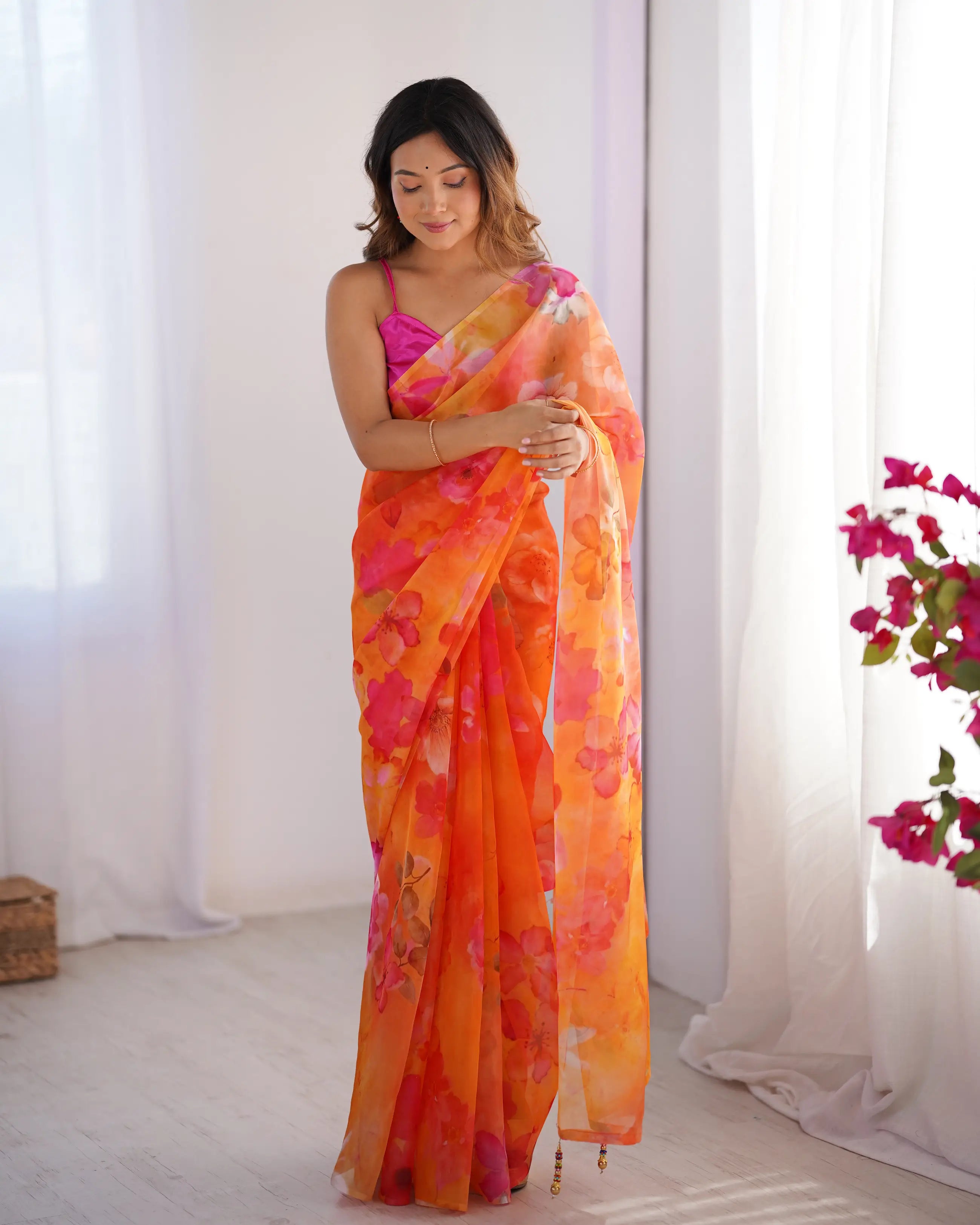 Orange Floral Printed Organza Saree - qivii