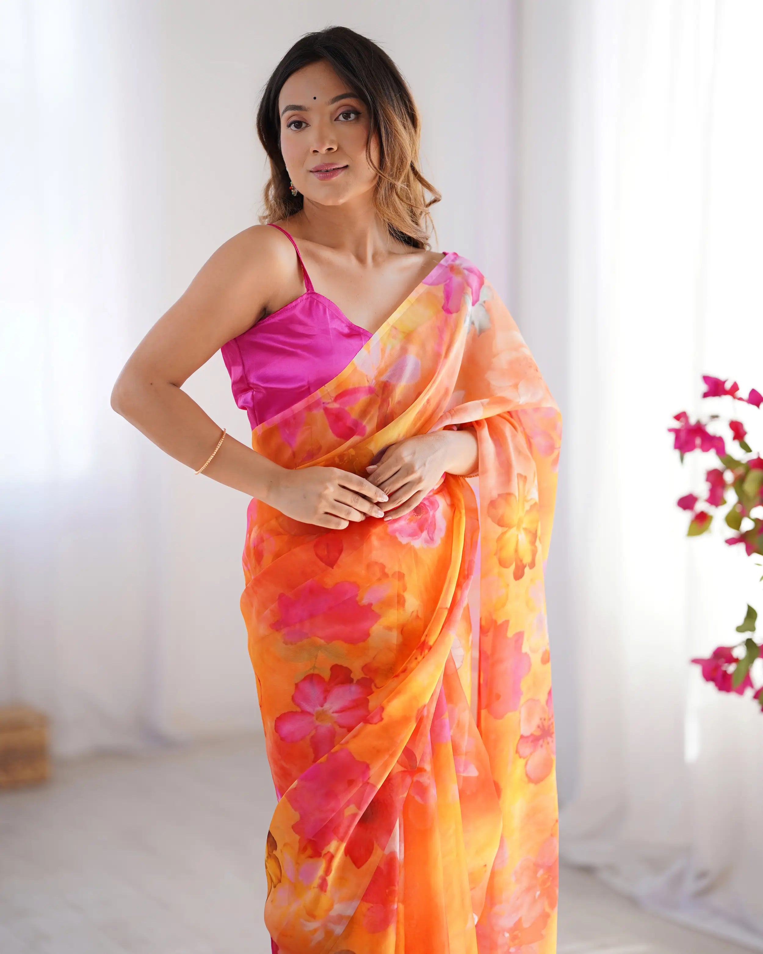 Orange Floral Printed Organza Saree - qivii