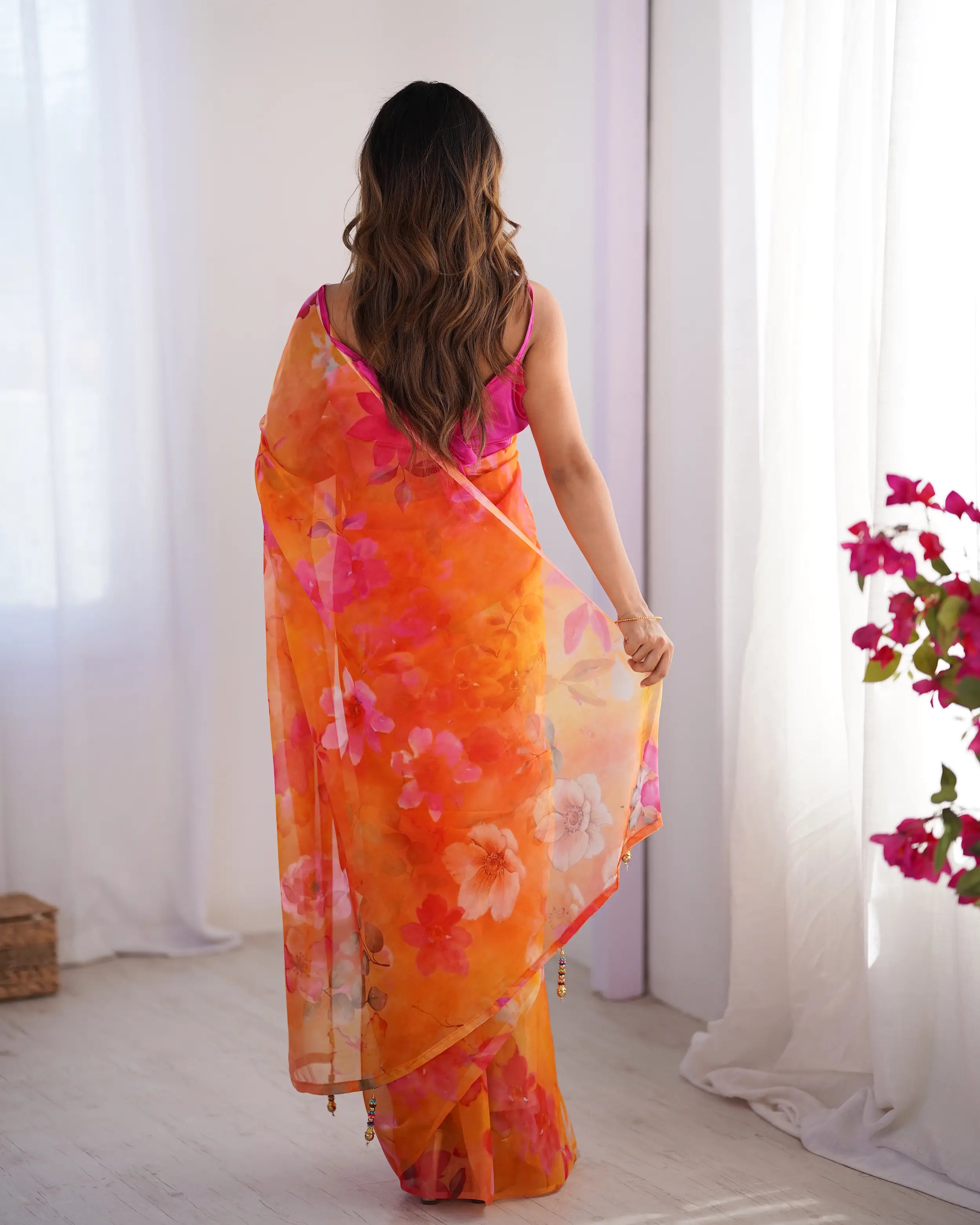 Orange Floral Printed Organza Saree - qivii
