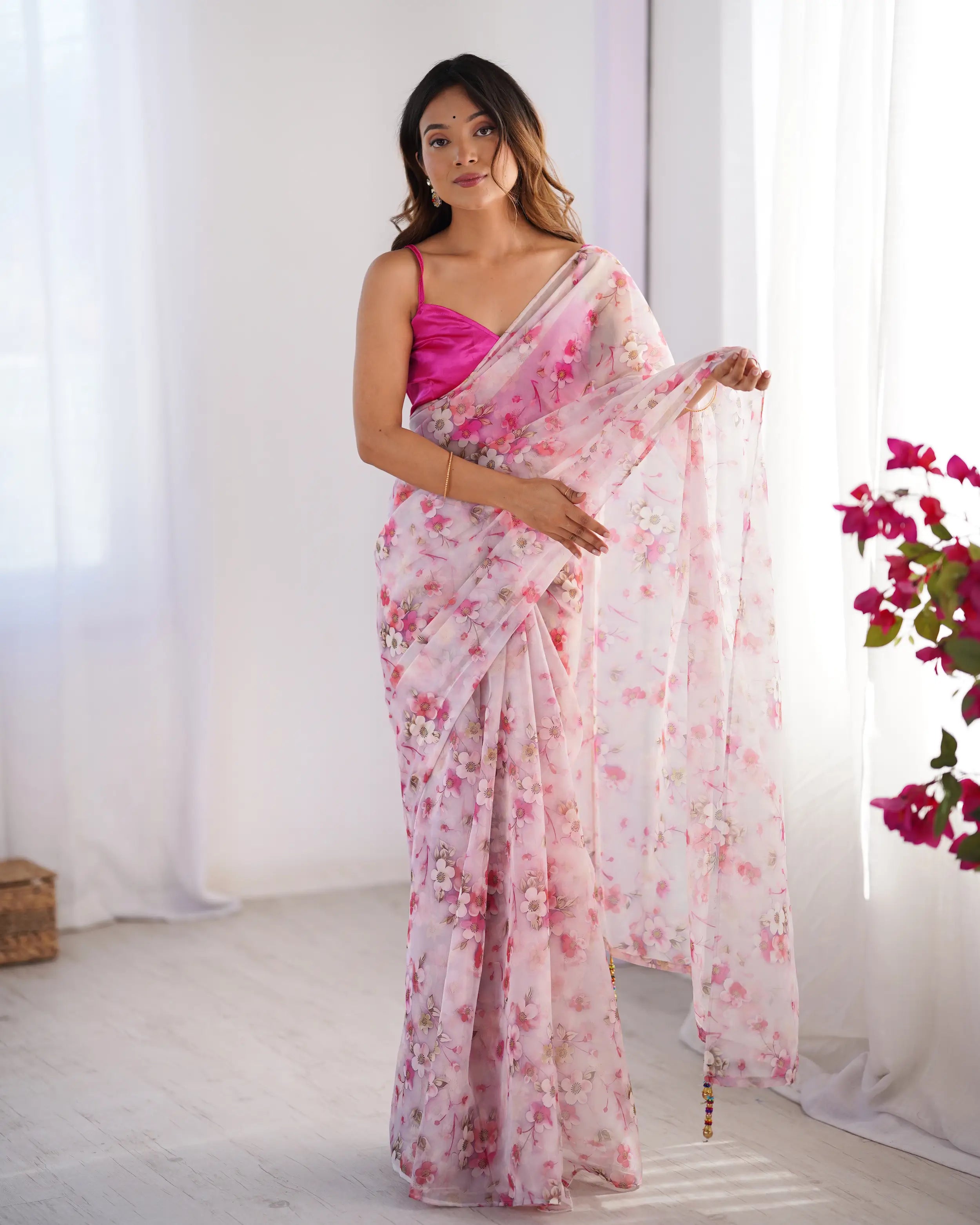 Greyish Pink Floral Printed Organza Saree - qivii