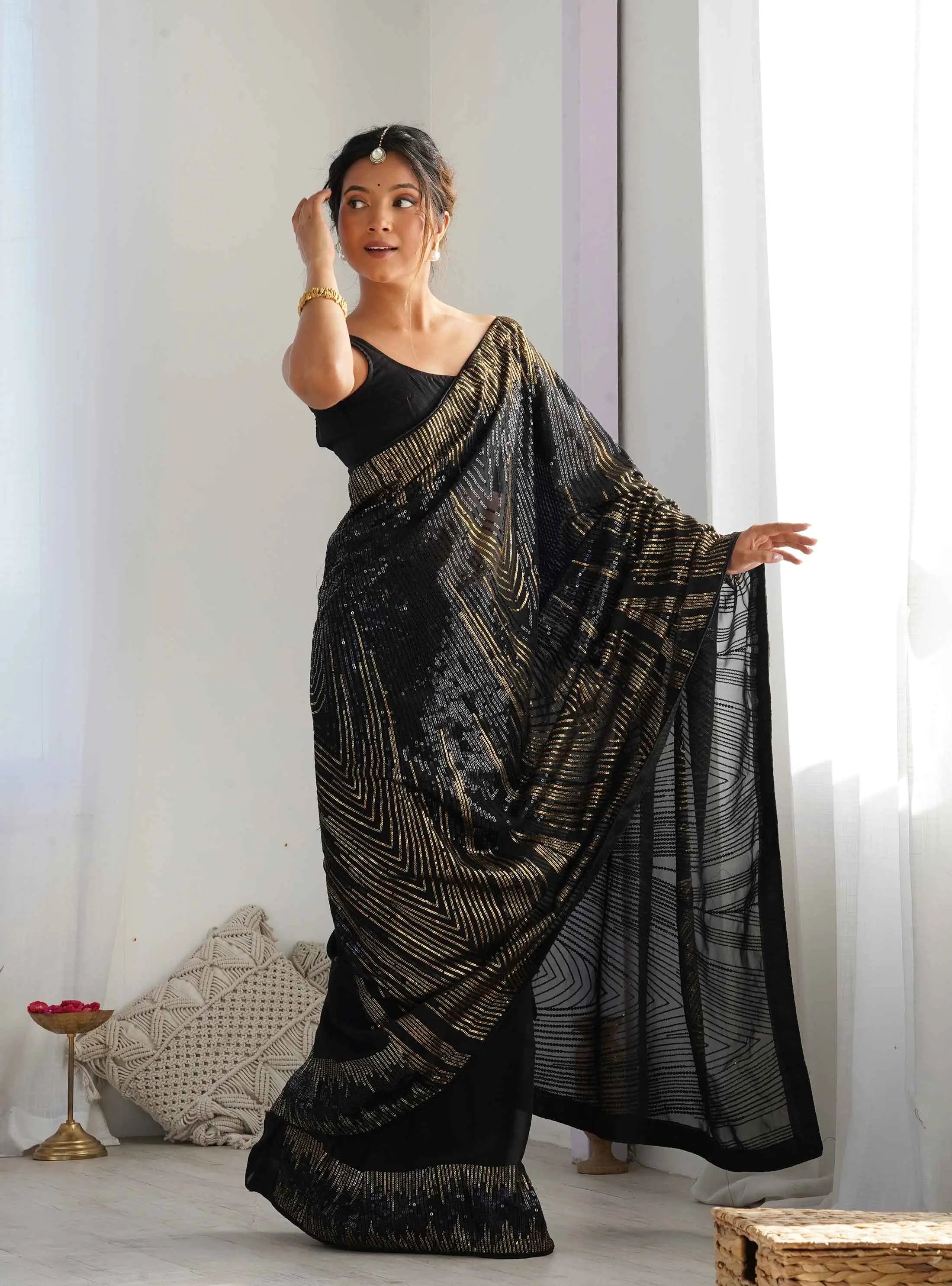 Black Georgette Sequins Embroidery Work Designer Saree - qivii