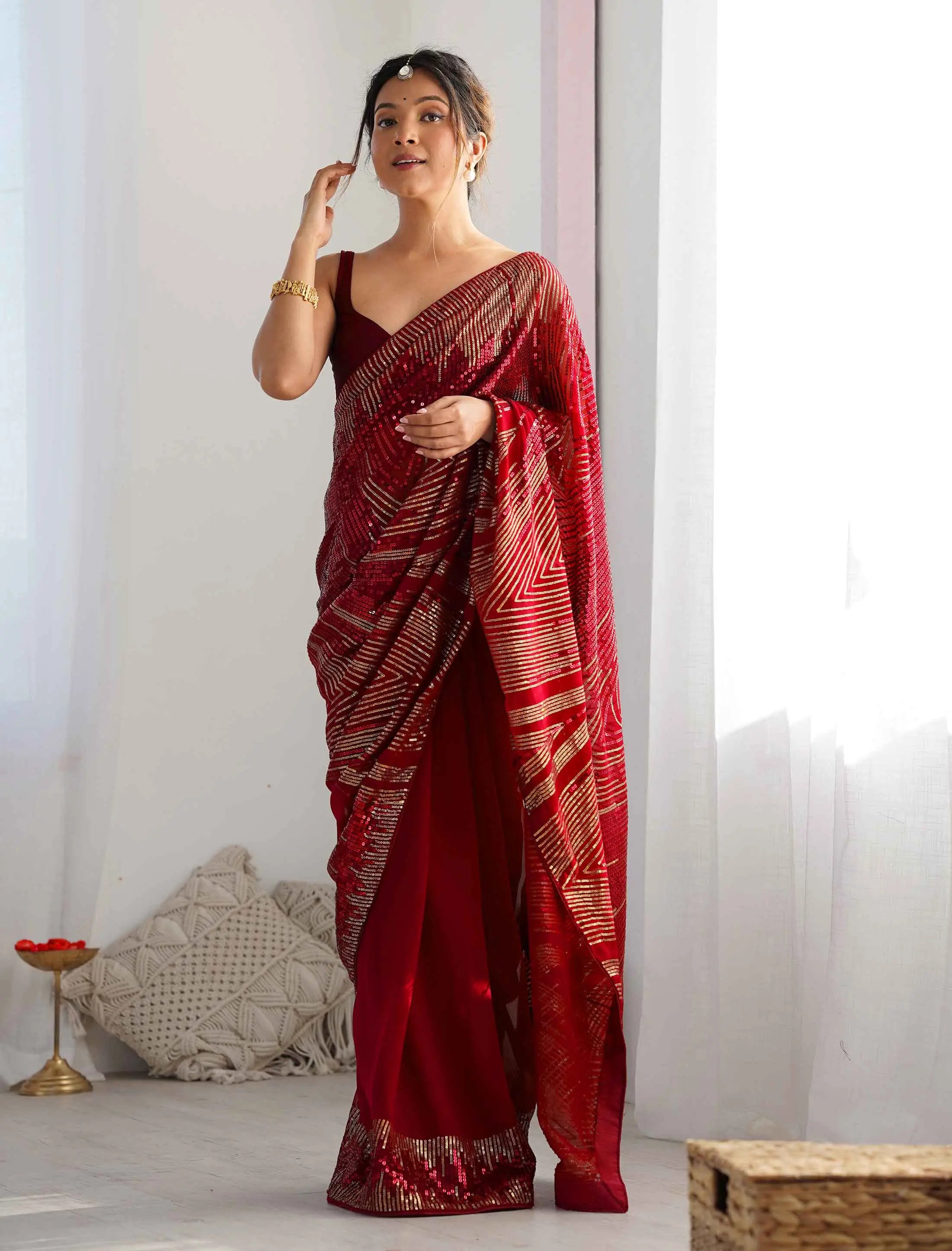 Stylish Red Georgette Sequins Embroidery Work Saree - qivii