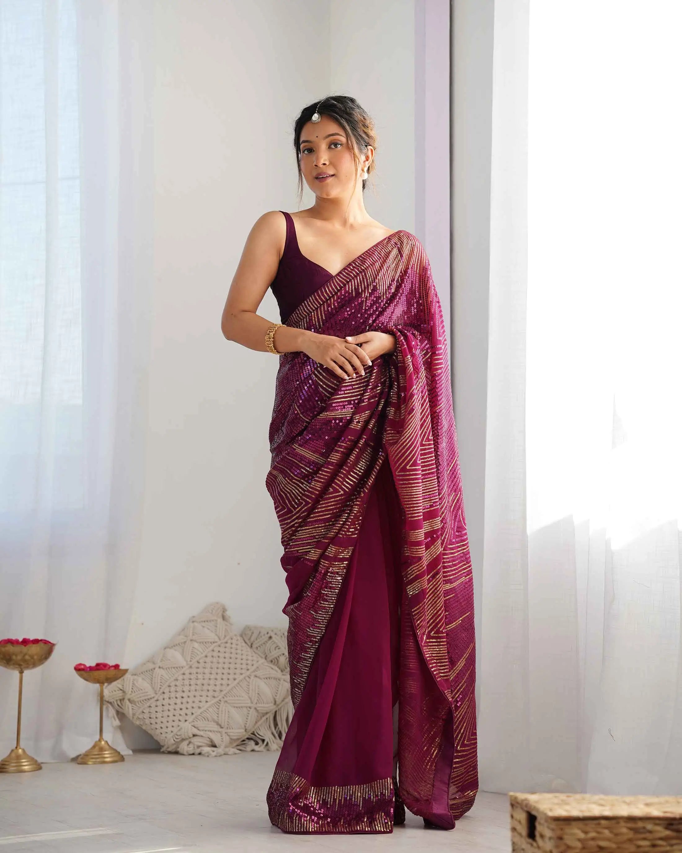Designer Wine Georgette Sequins Embroidery Work Saree - qivii