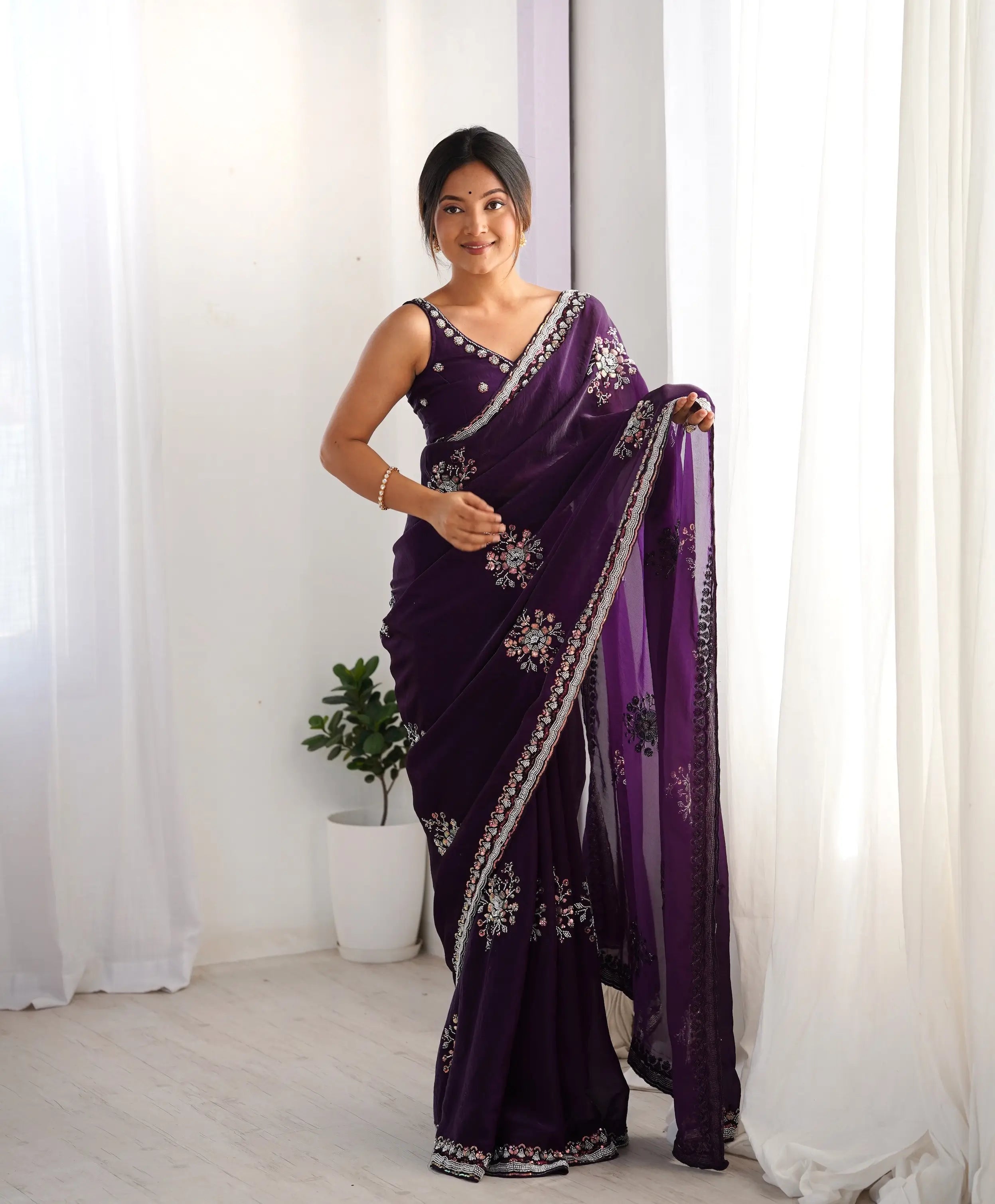 Dark Purple Fendi Silk Hand Work Saree - qivii