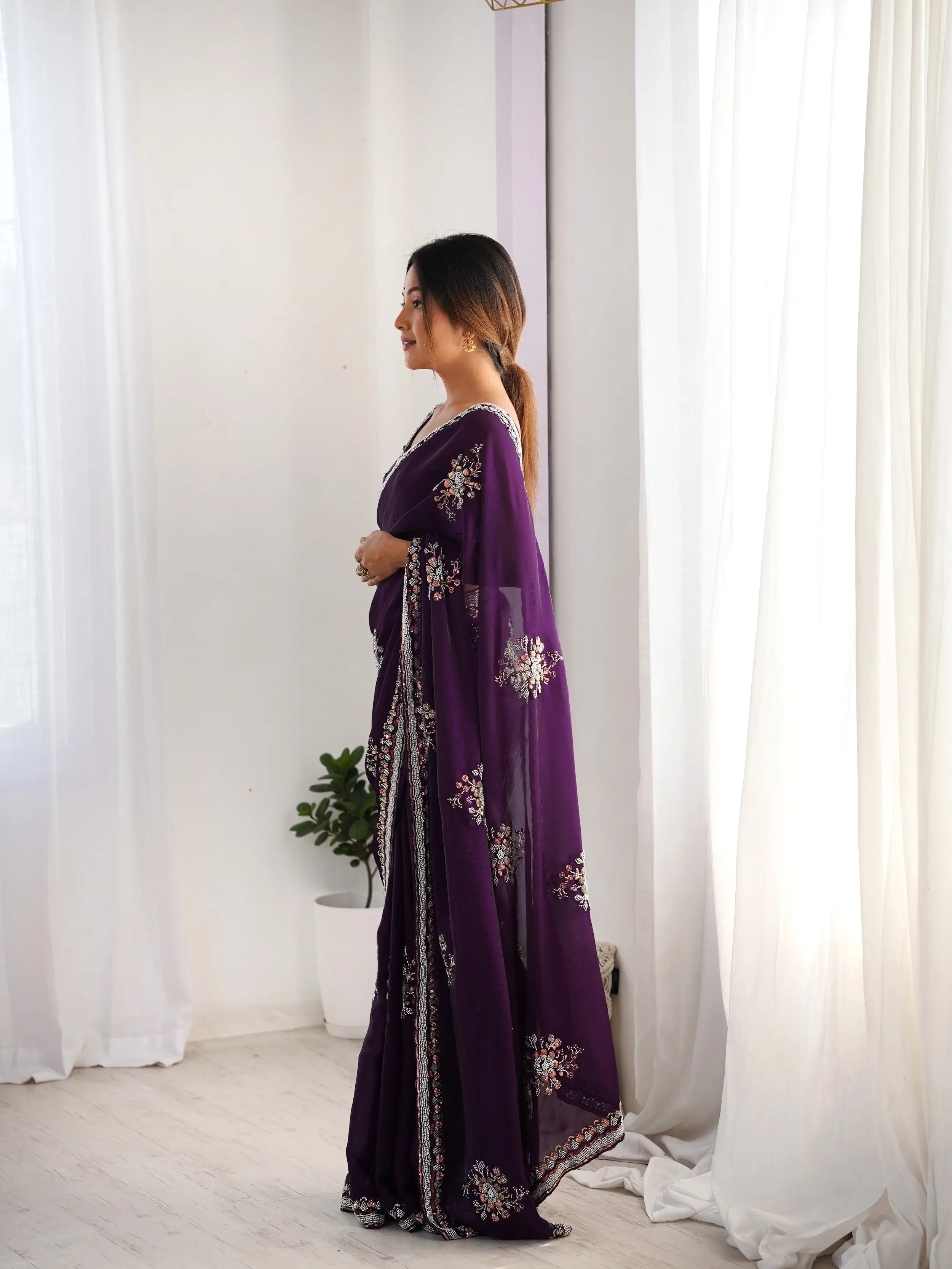 Dark Purple Fendi Silk Hand Work Saree - qivii