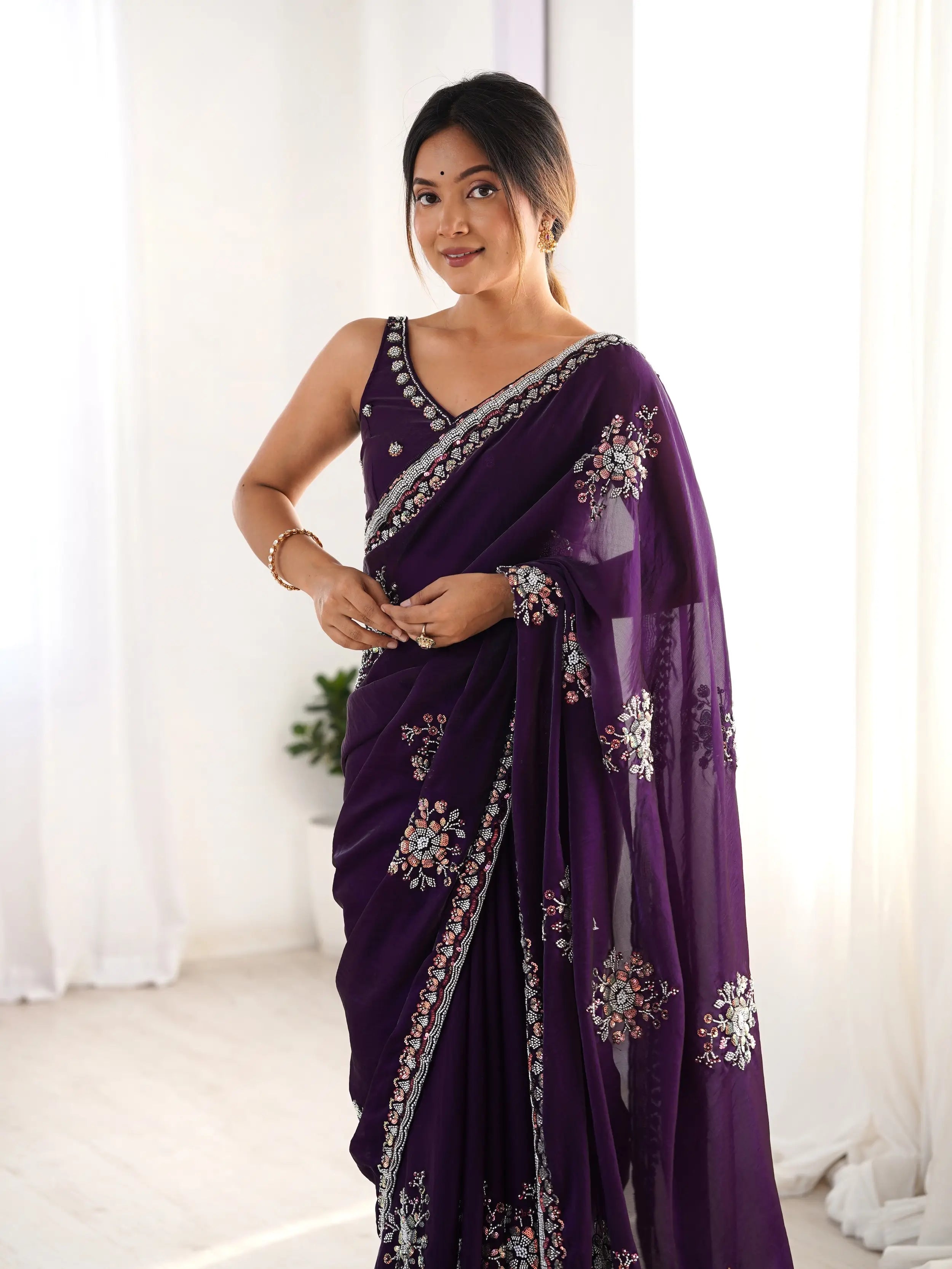 Dark Purple Fendi Silk Hand Work Saree - qivii