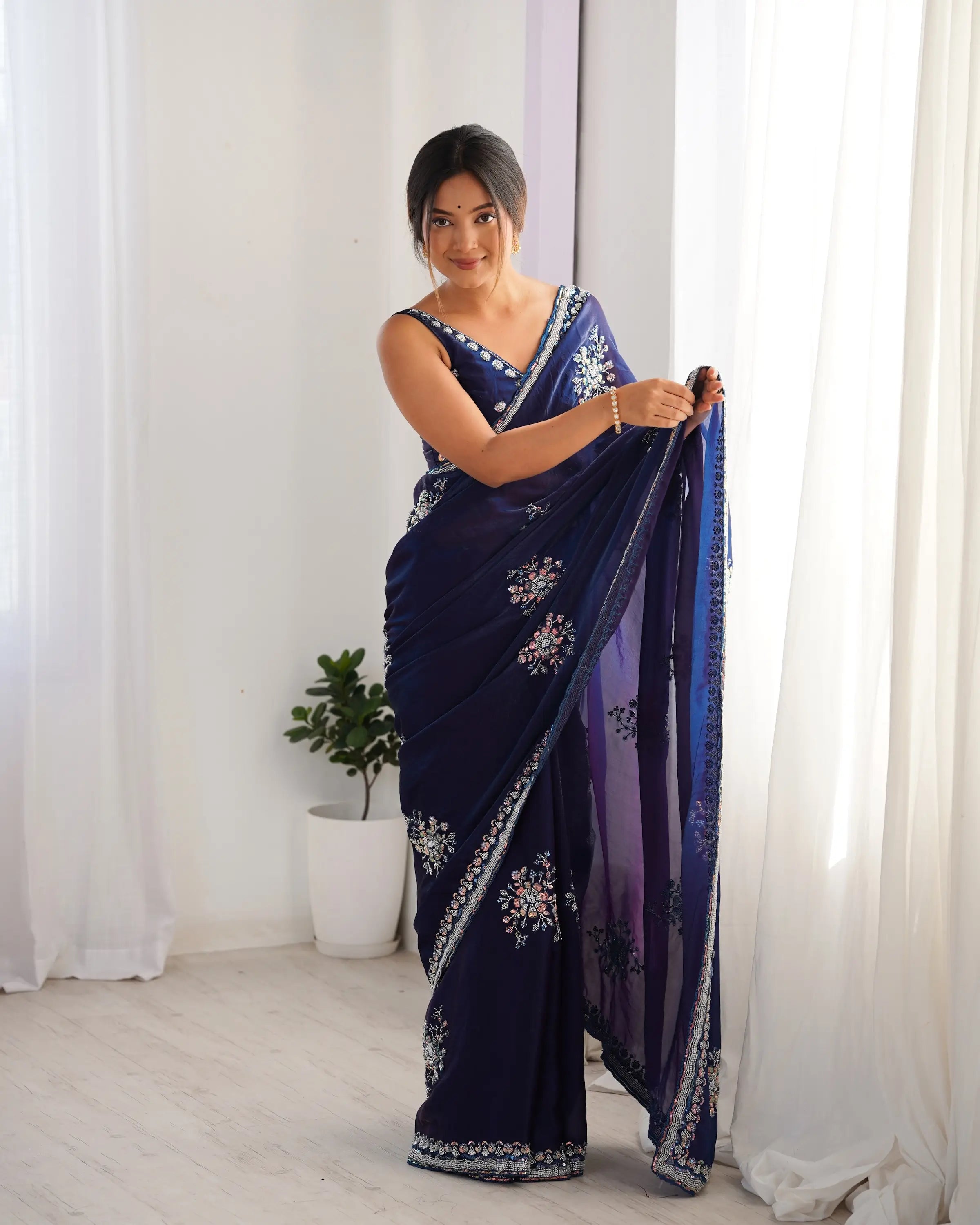 Midnight Blue Fendi Silk Hand Work Saree - qivii