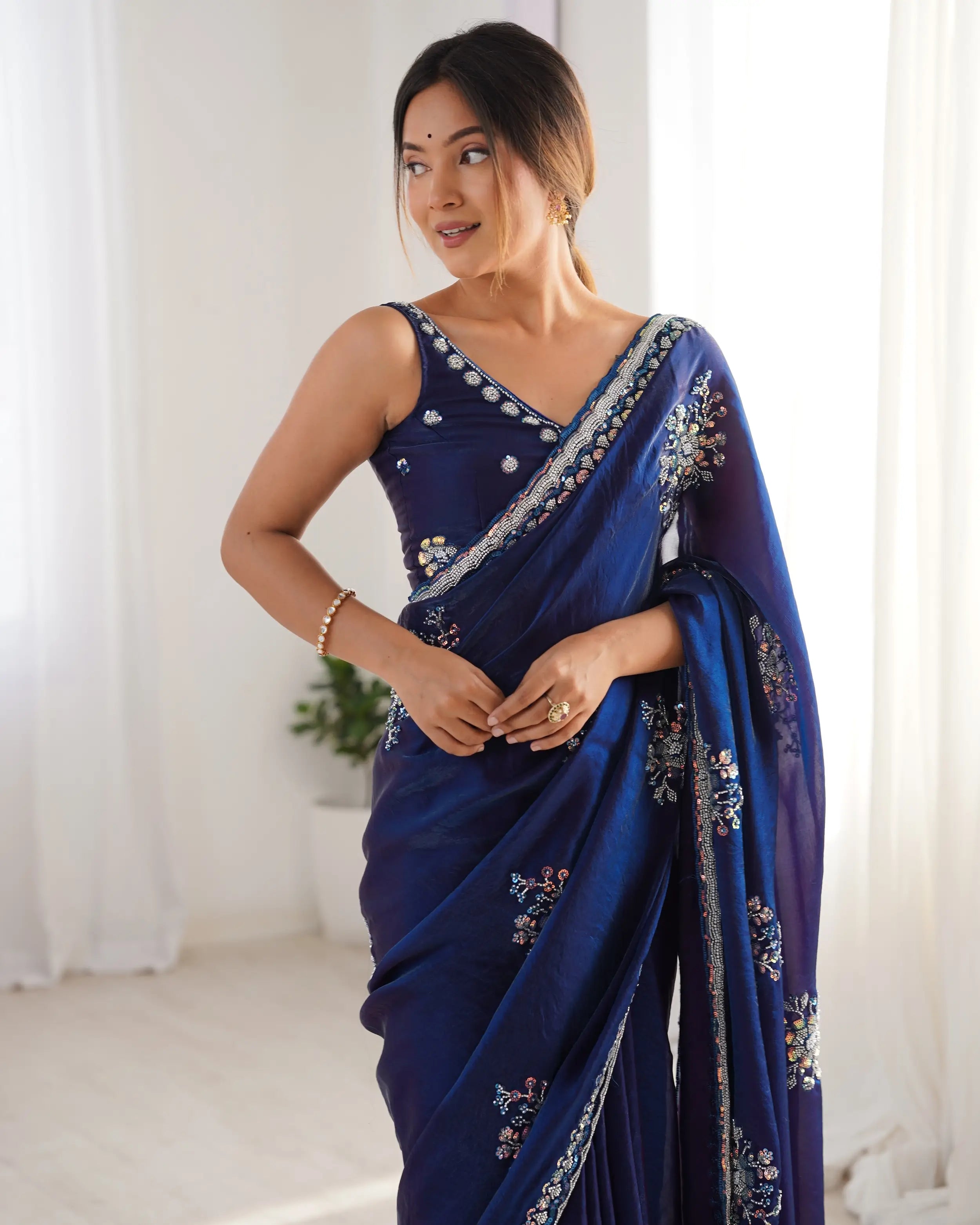 Midnight Blue Fendi Silk Hand Work Saree - qivii