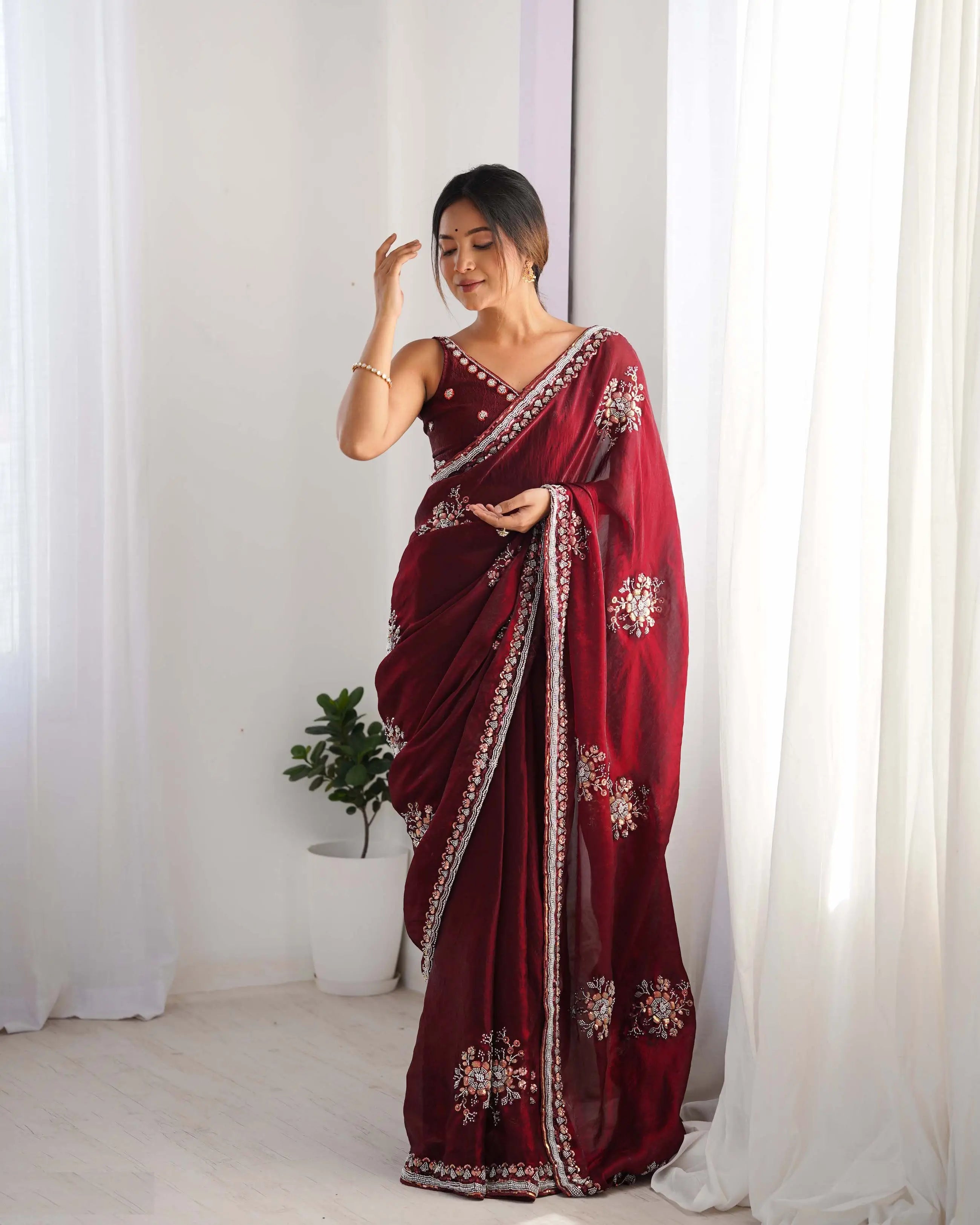 Maroon Fendi Silk Hand Work Saree - qivii