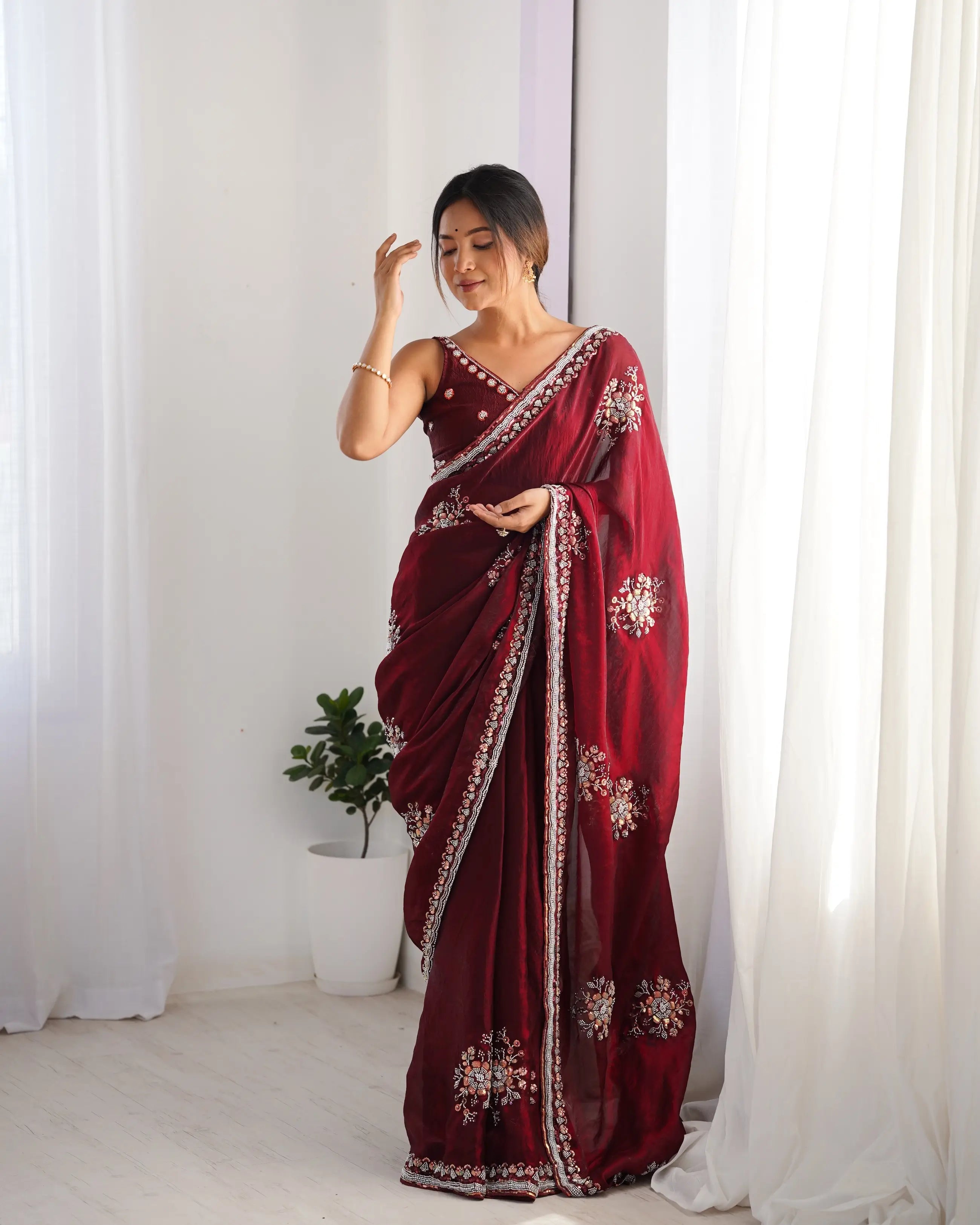 Maroon Fendi Silk Hand Work Saree - qivii