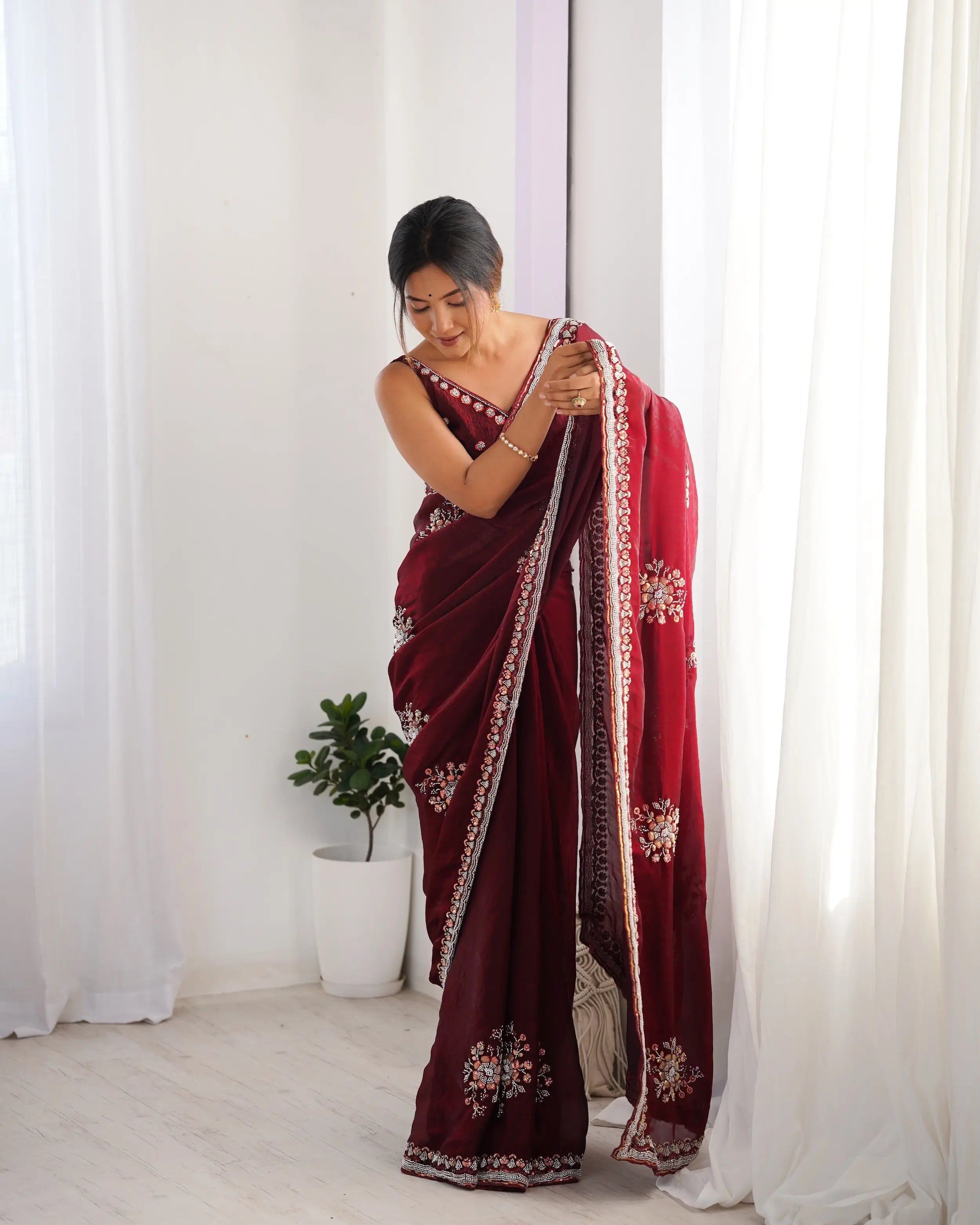 Maroon Fendi Silk Hand Work Saree - qivii