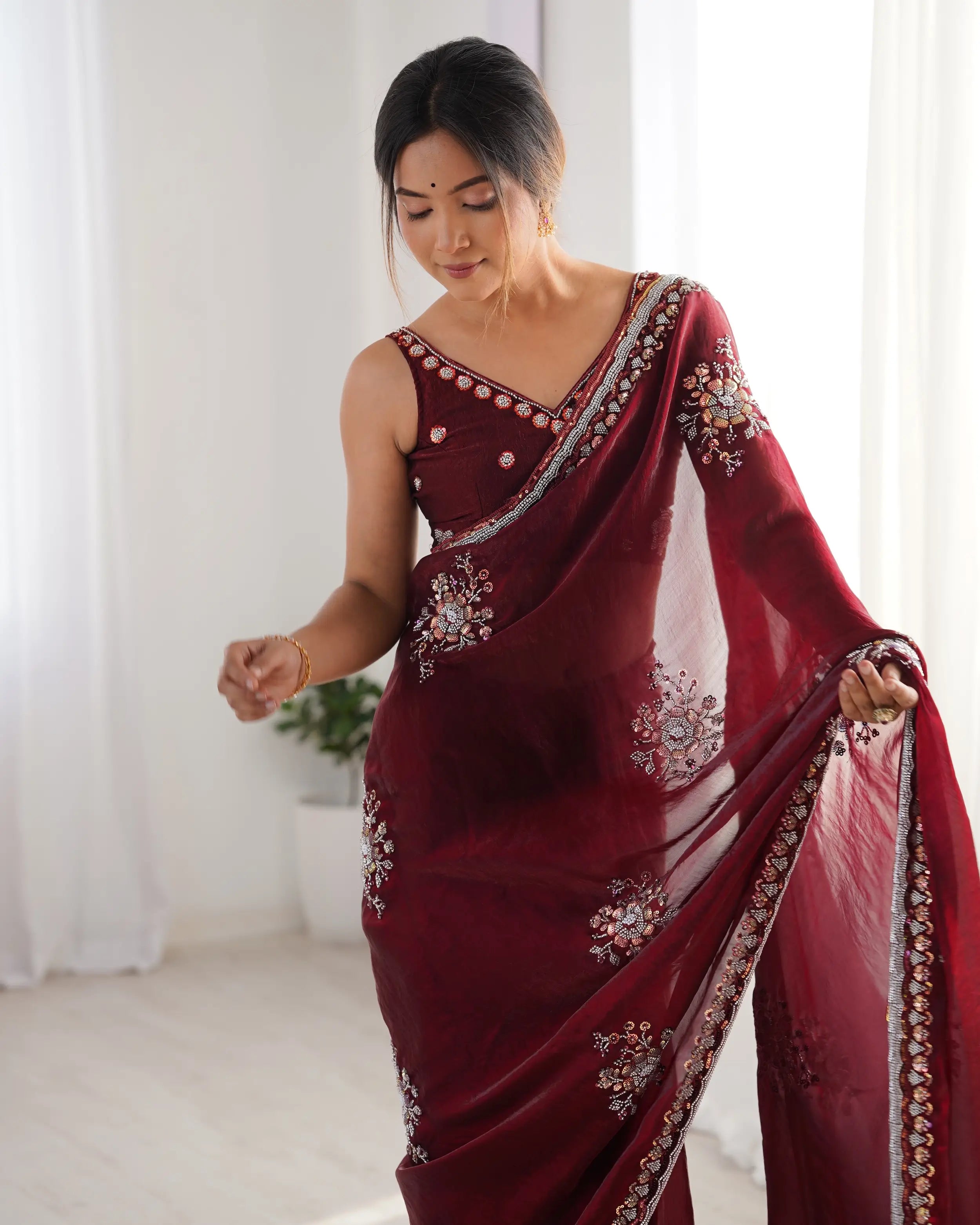 Maroon Fendi Silk Hand Work Saree - qivii